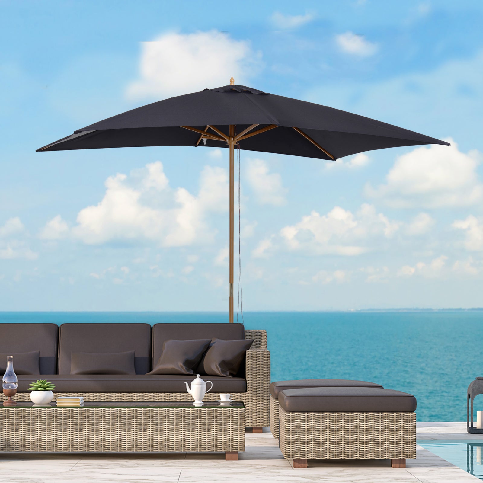 Wooden Garden Parasol Sun Shade Outdoor Umbrella Canopy | Black