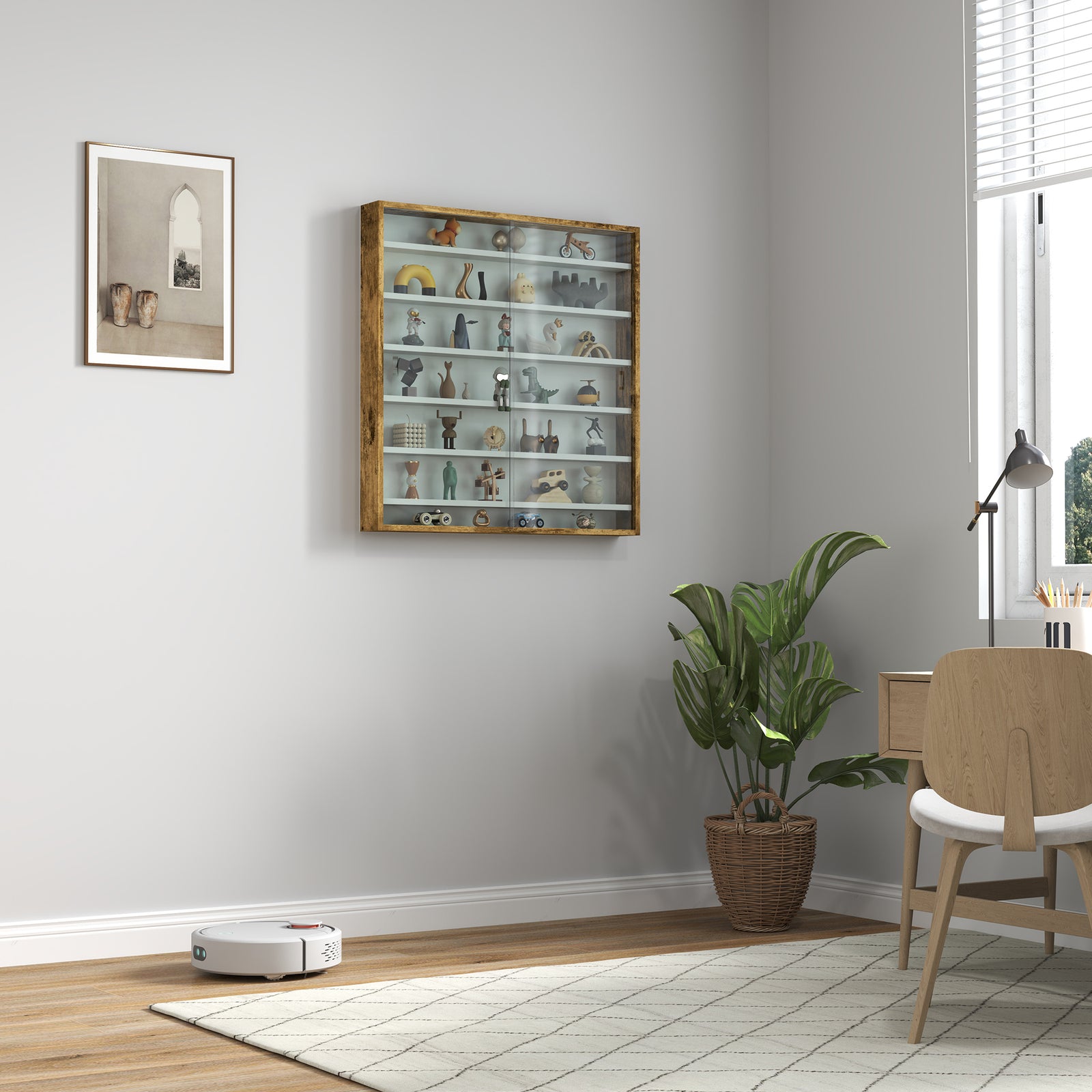 7-tier Wall Display Cabinet W/ Shelves Glass Doors | Brown