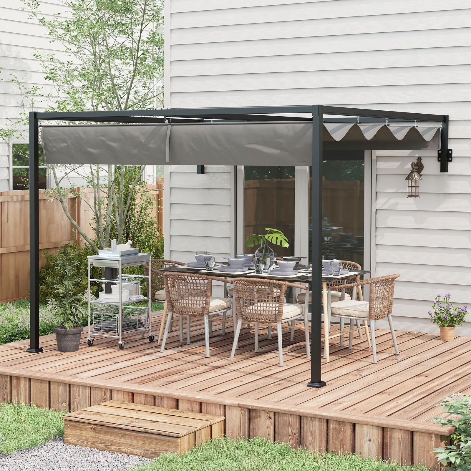 Wall Mounted Pergola With Retractable Sun Shade Canopy | Medium | Dark Gray