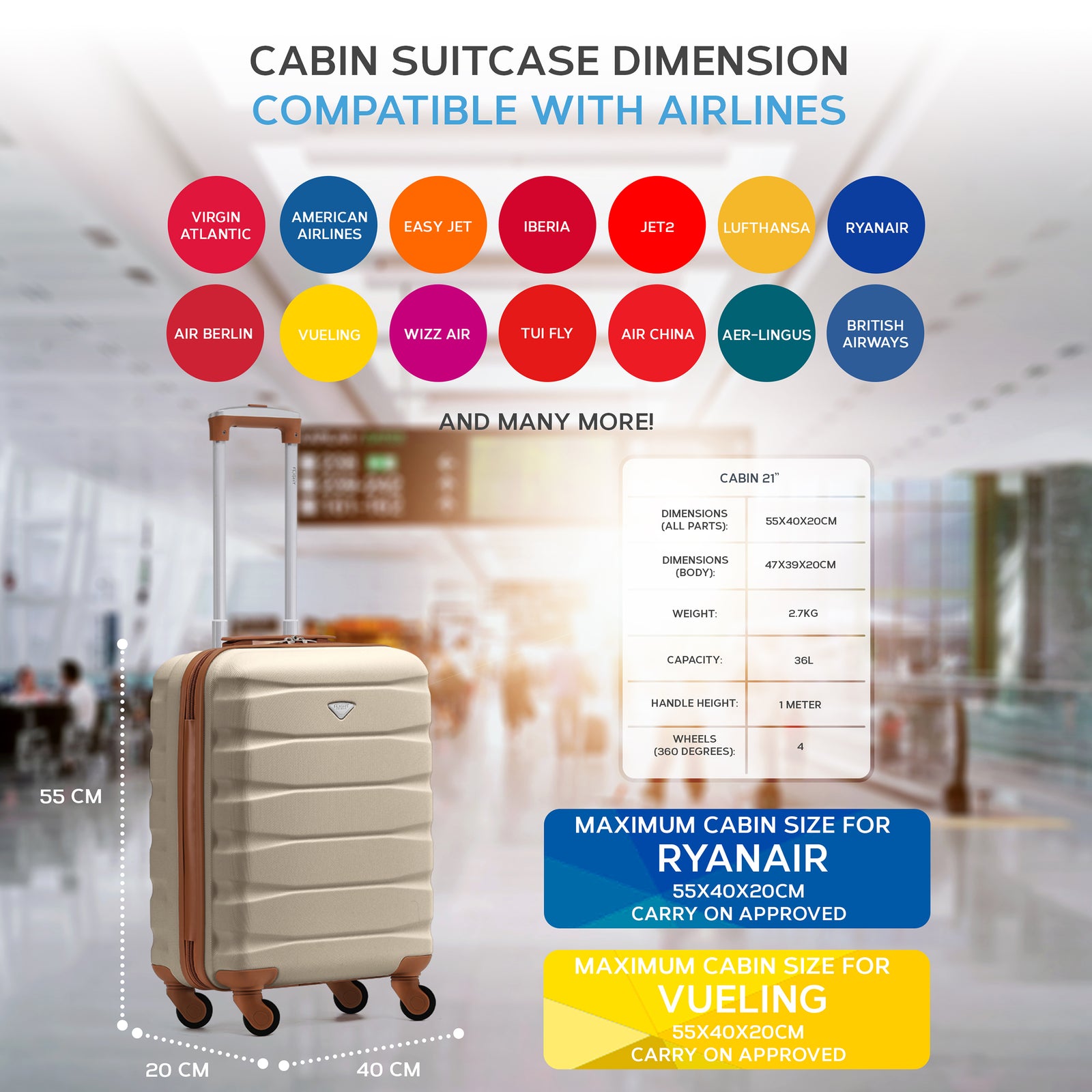 55x40x20cm Lightweight Luggage Hard Shell Cabin Suitcase 60+ Airlines Approved - Carry On Case - 4 Wheels | 55 x 40 x 20cm | Cream