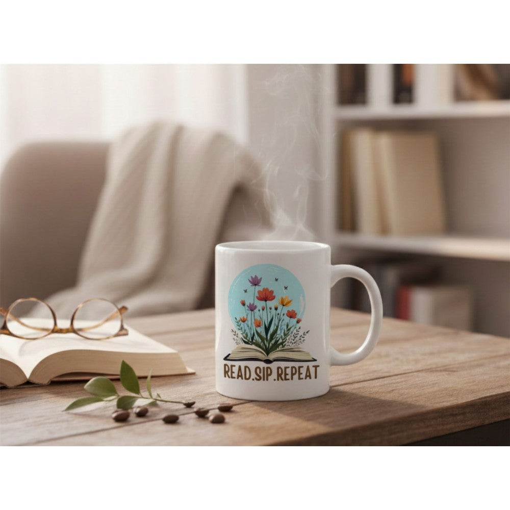 Dyzi Read Sip Repeat Quote Ceramic Mug White For Book Lovers