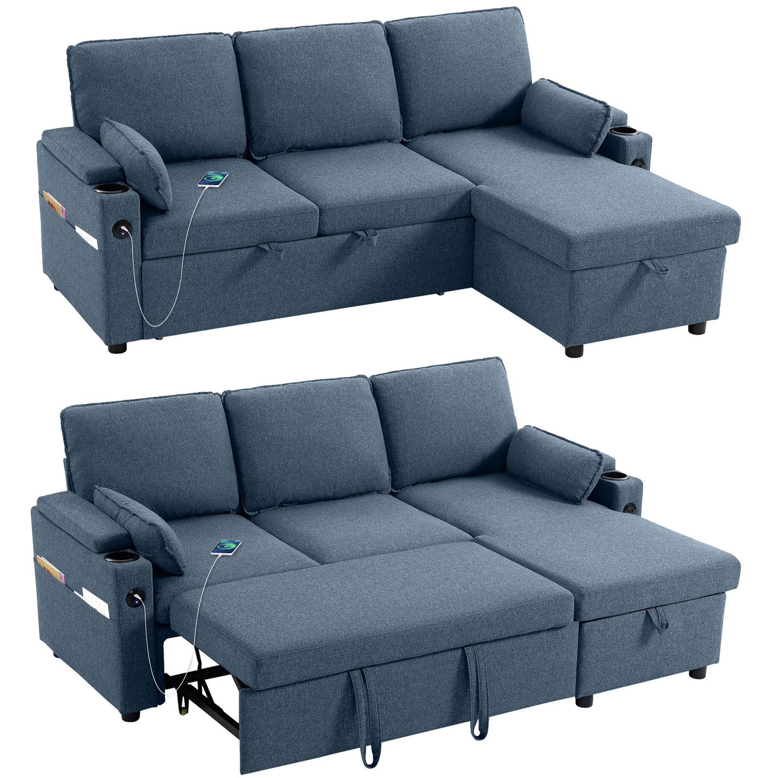 Corner Sofa Bed, L Shaped Sofa With Storage Chaise, Usb Ports | Blue