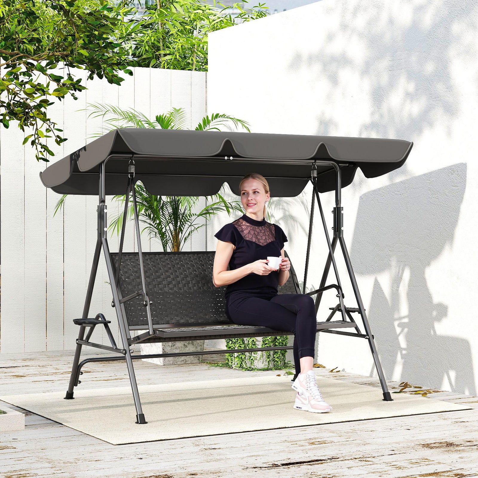 Rattan Swing Seat, Steel Frame, Grey