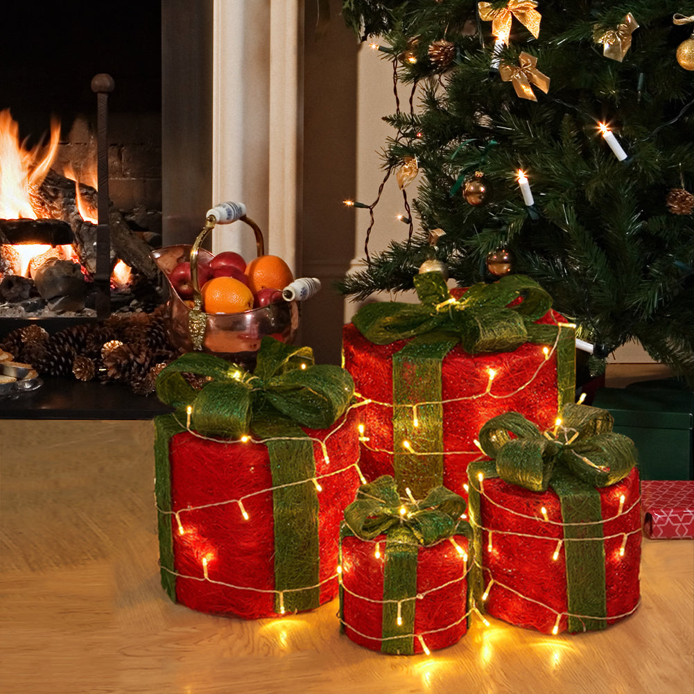4pcs Christmas Gift Box Decorations With Led String Lights | Red