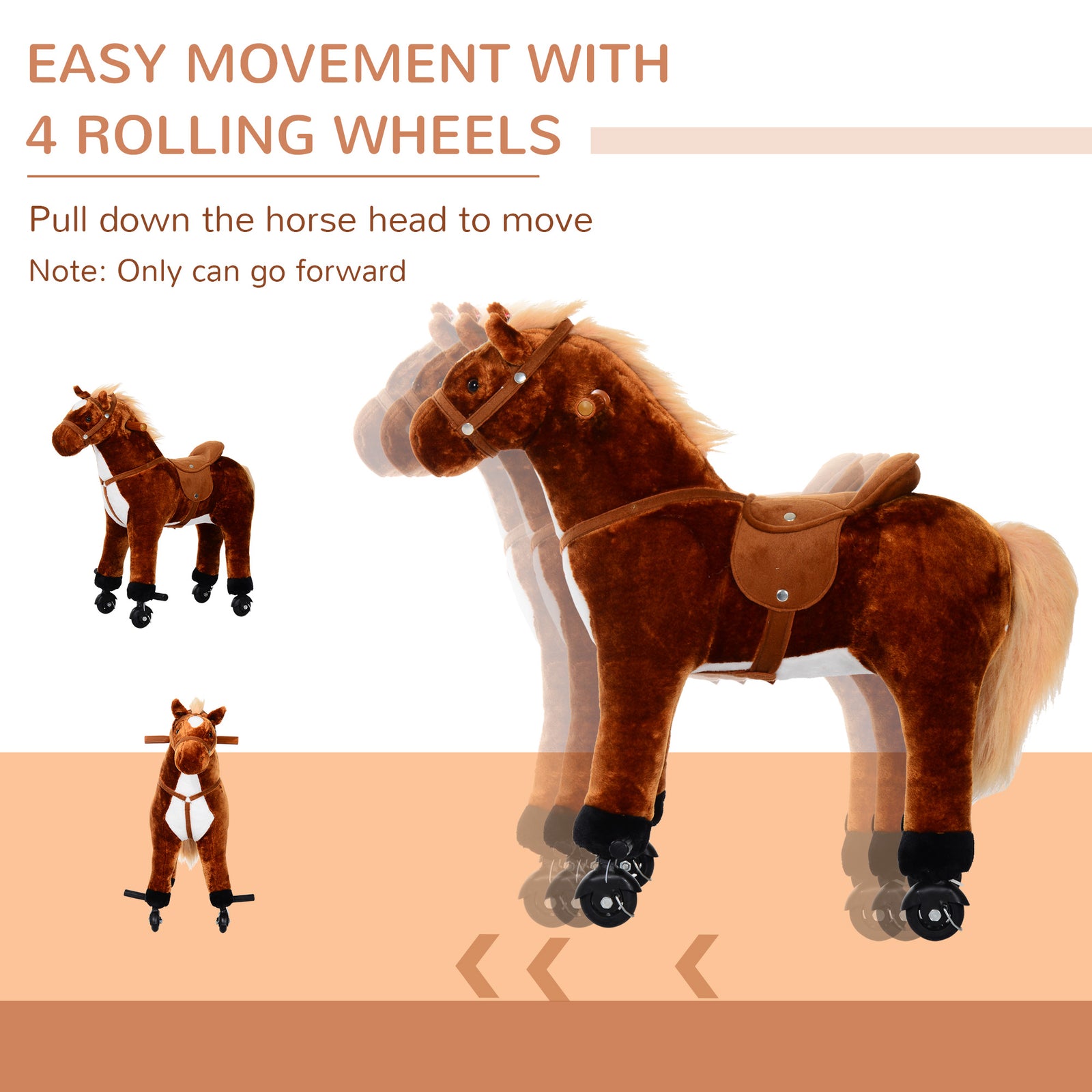 Child Boys Walking Horse Riding Toy Plush Walk Pony Wheels W/ Sound | Brown