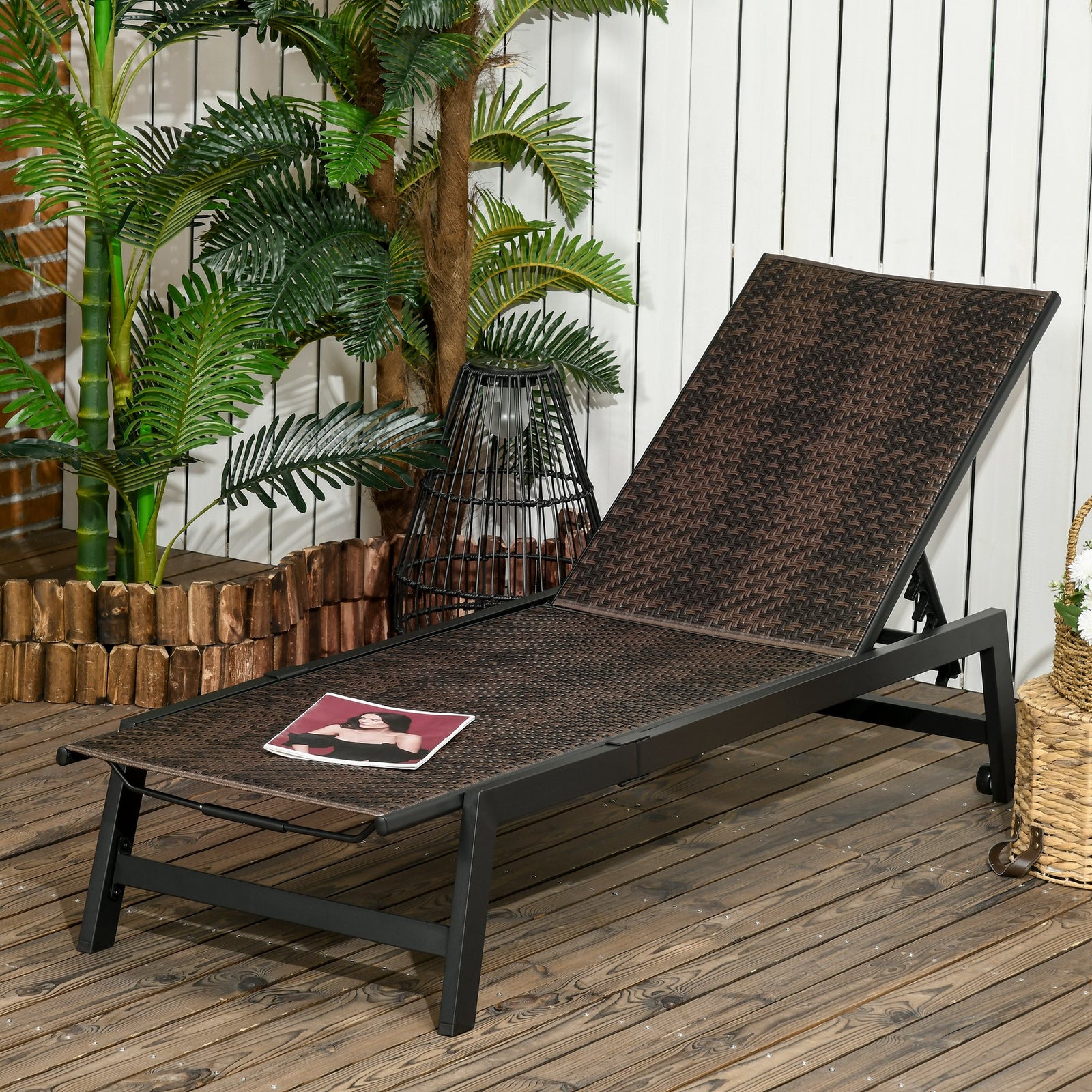 Pe Rattan Sun Lounger W/ Backrest & Wheels | Brown
