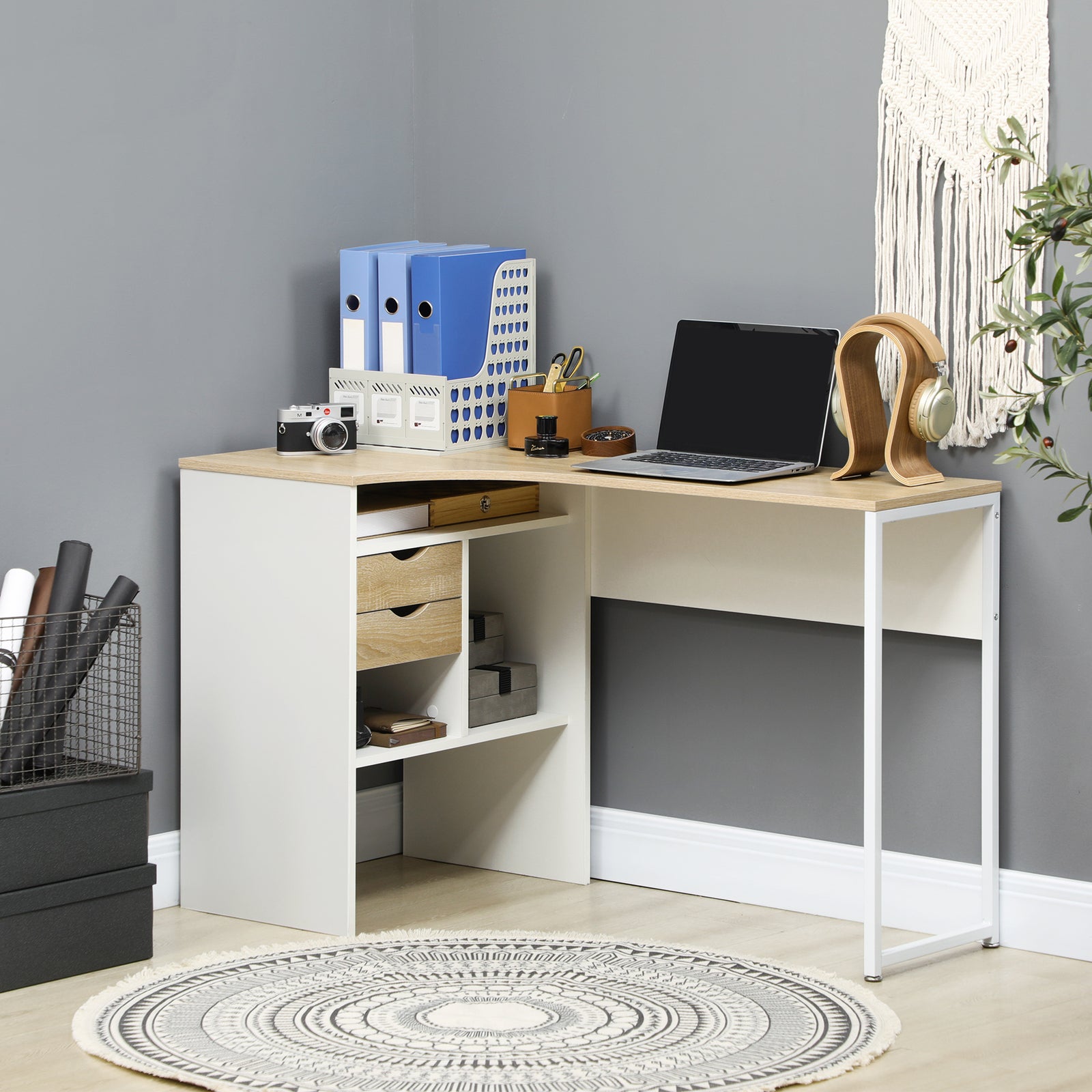 L-shaped Corner Computer Desk Study Table W/ Storage Shelf | Natura