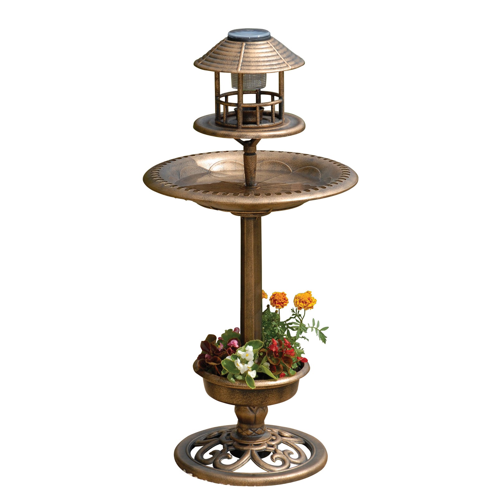 Bird Bath And Feeder With Solar Powered Lantern (Bronze)