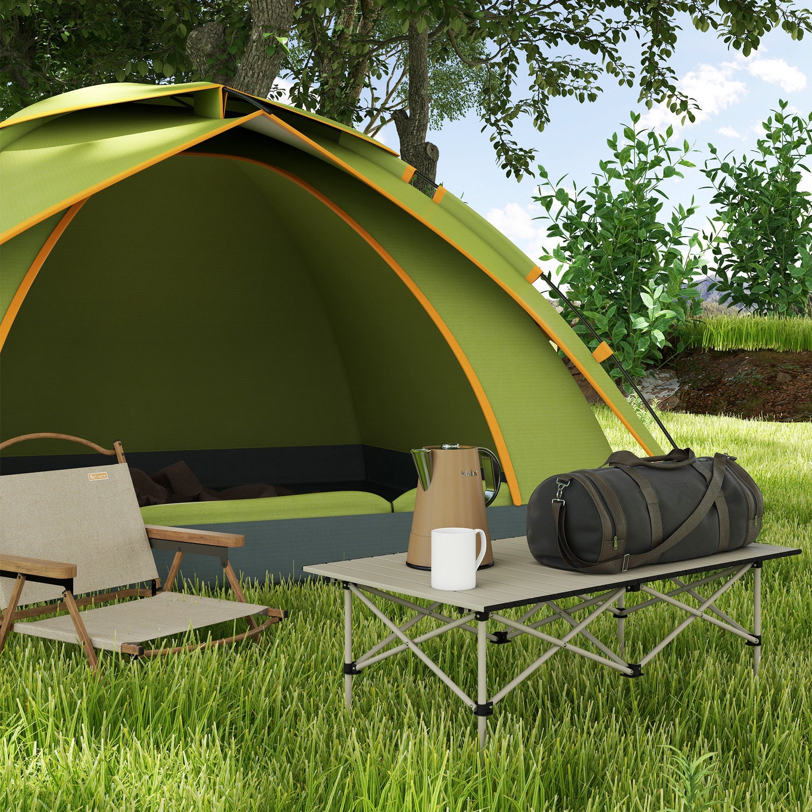 Portable Folding Camping Table W/ Roll Up Aluminium Top | Khaki