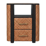 Solid Wood Rattan Curve Edge Nightstand, 2 Drawers And Open Shelf, Light Brown