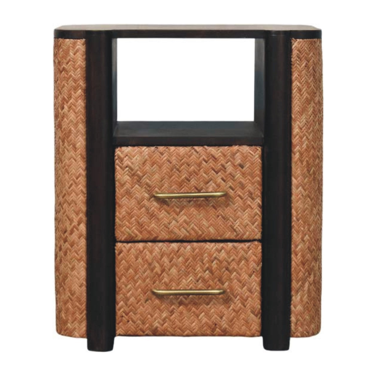 Solid Wood Rattan Curve Edge Nightstand, 2 Drawers And Open Shelf, Light Brown