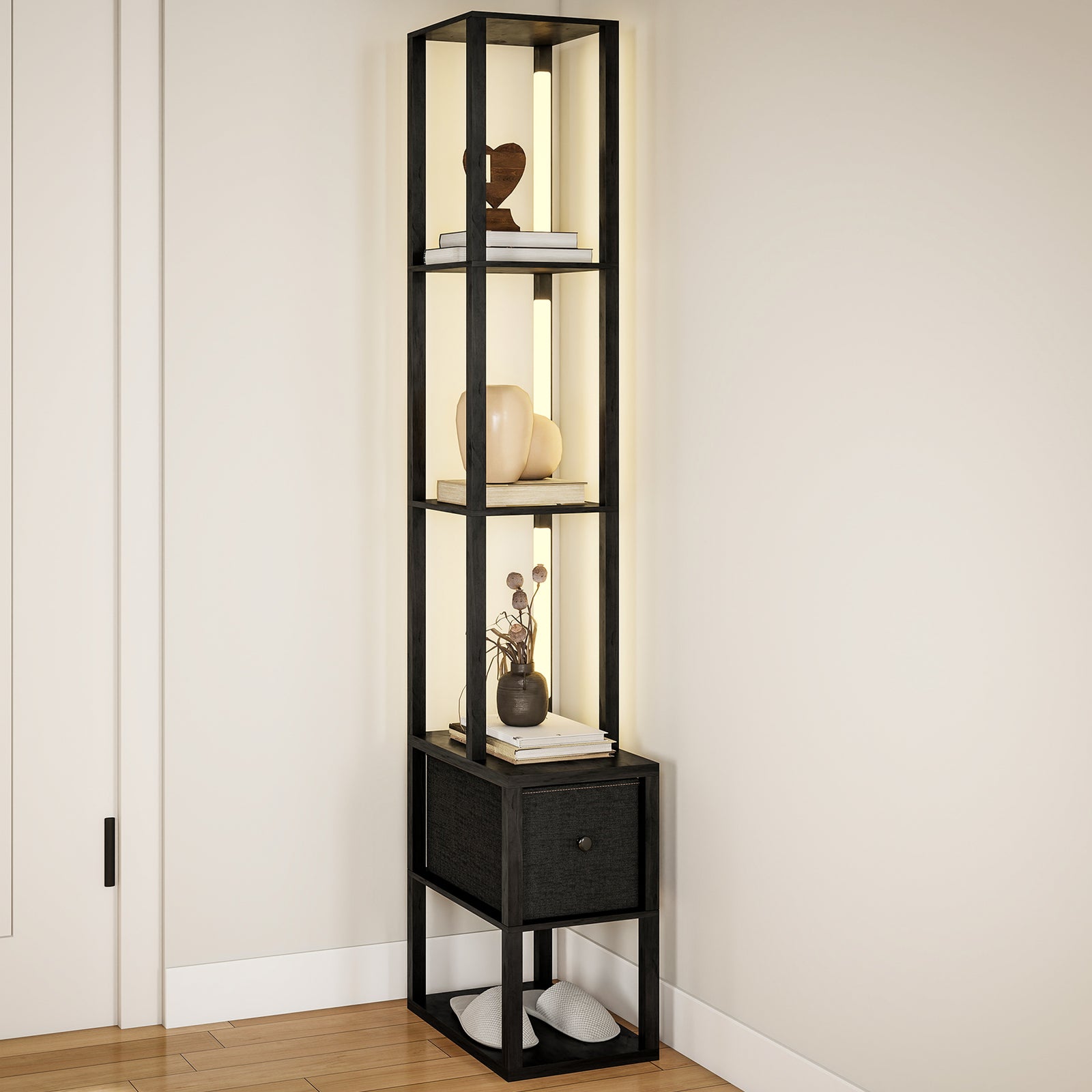 Floor Lamp With Shelves, Led Standing Lamp With Fabric Drawer | Black