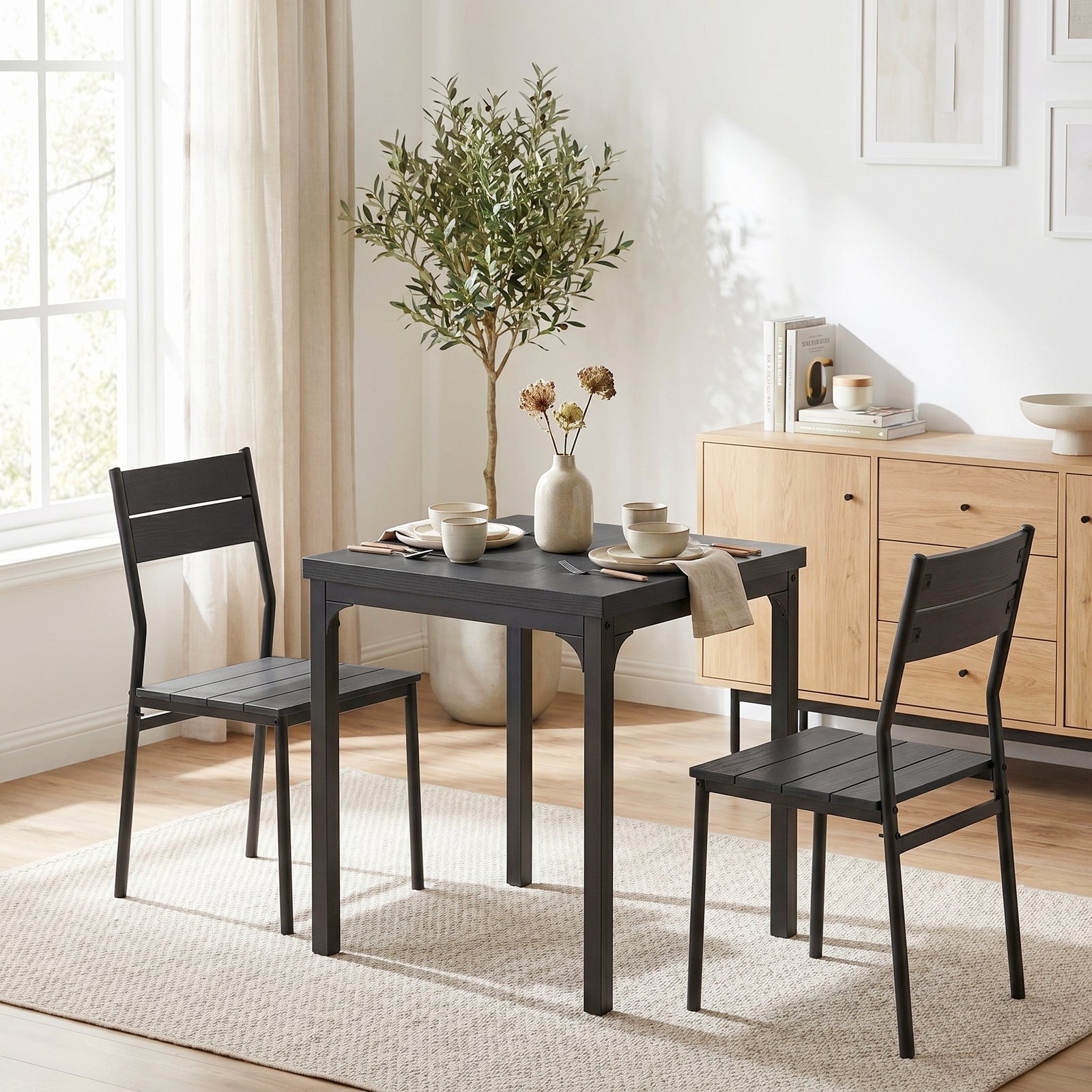 3 Pcs Compact Dining Table 2 Chairs Set | Black