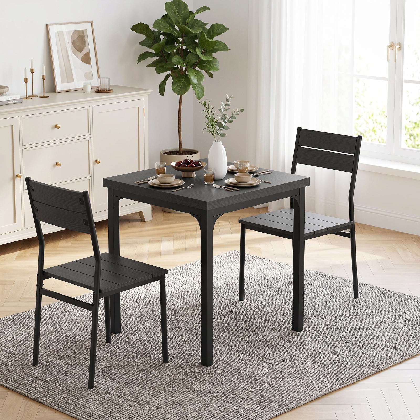 3 Pcs Compact Dining Table 2 Chairs Set | Black