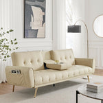Faux Leather Sofa Bed With Cup Holders - 3 Seater | Cream