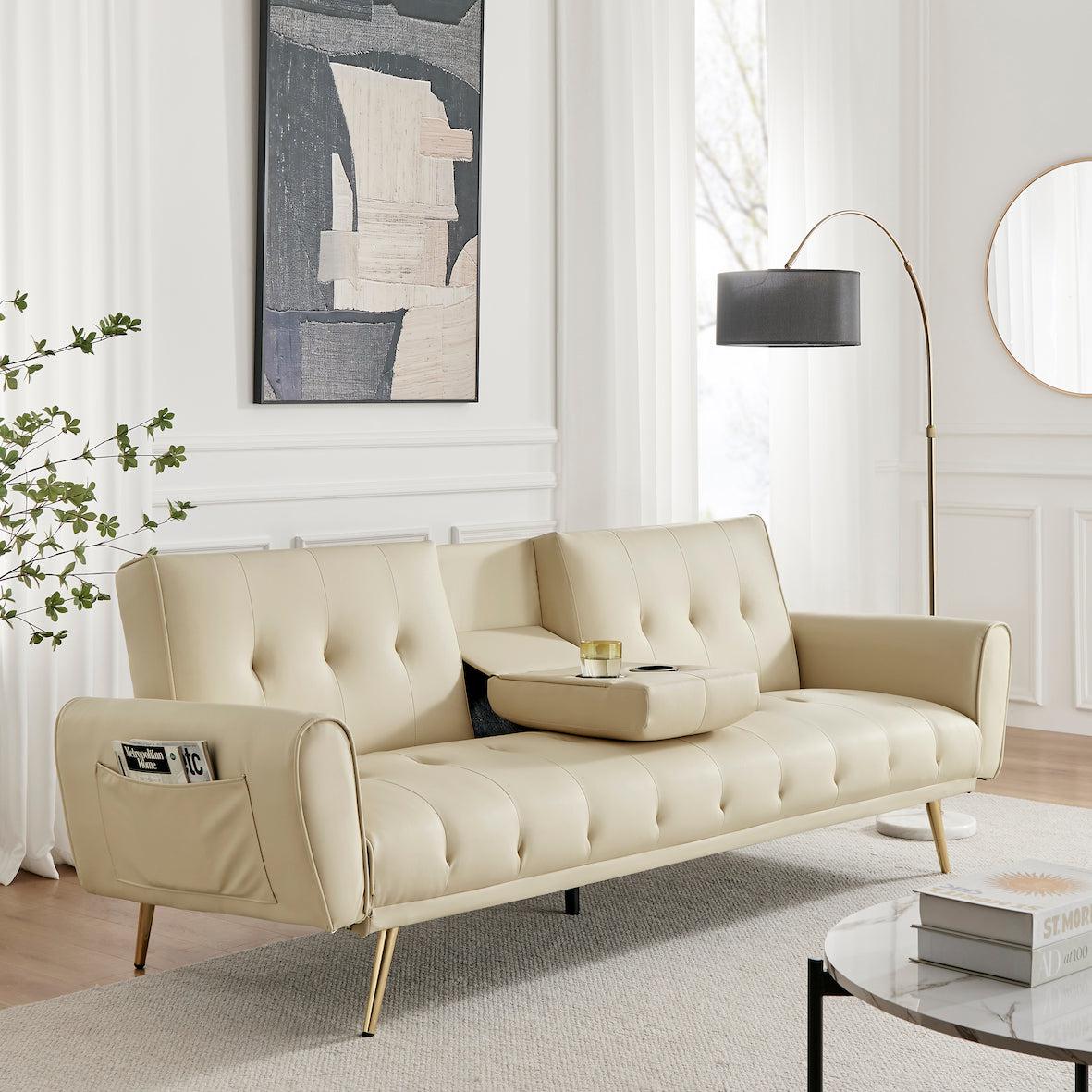 Faux Leather Sofa Bed With Cup Holders - 3 Seater | Cream