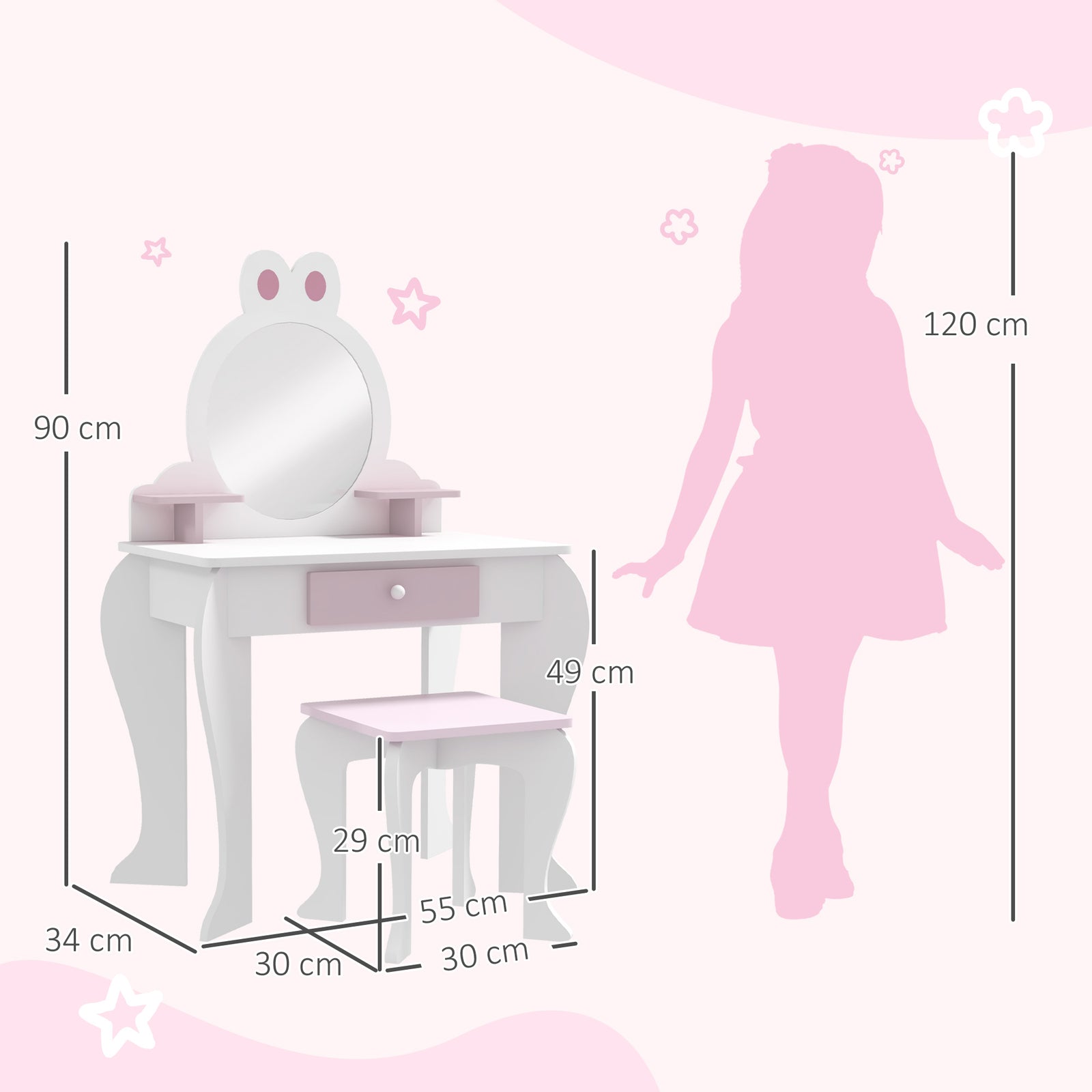 Kids Dressing Table With Mirror And Stool, Rabbit Design, For Ages 3-6 Years | White