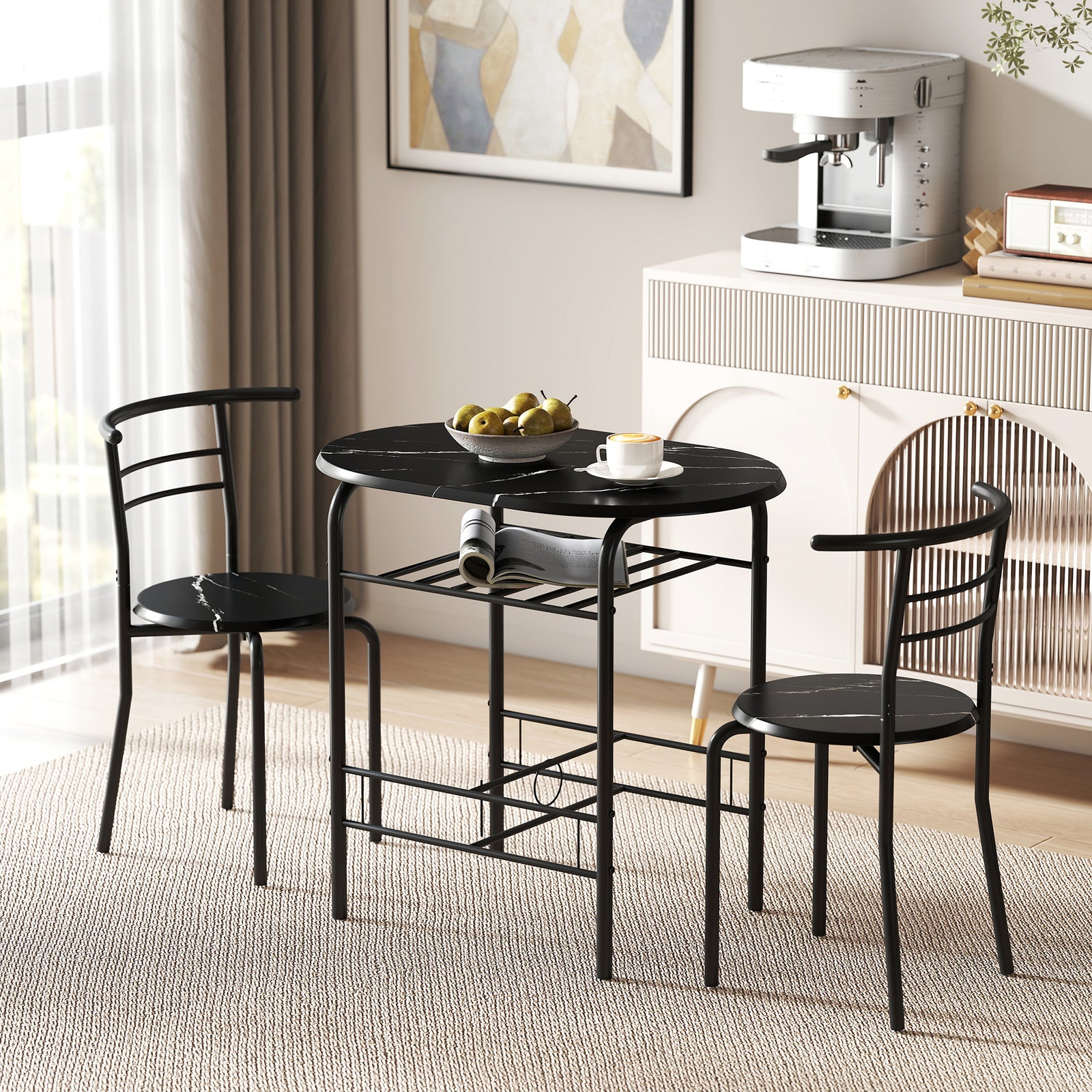 Breakfast Bar Table And Stools Set, Dining Room Set With Shelf | Black