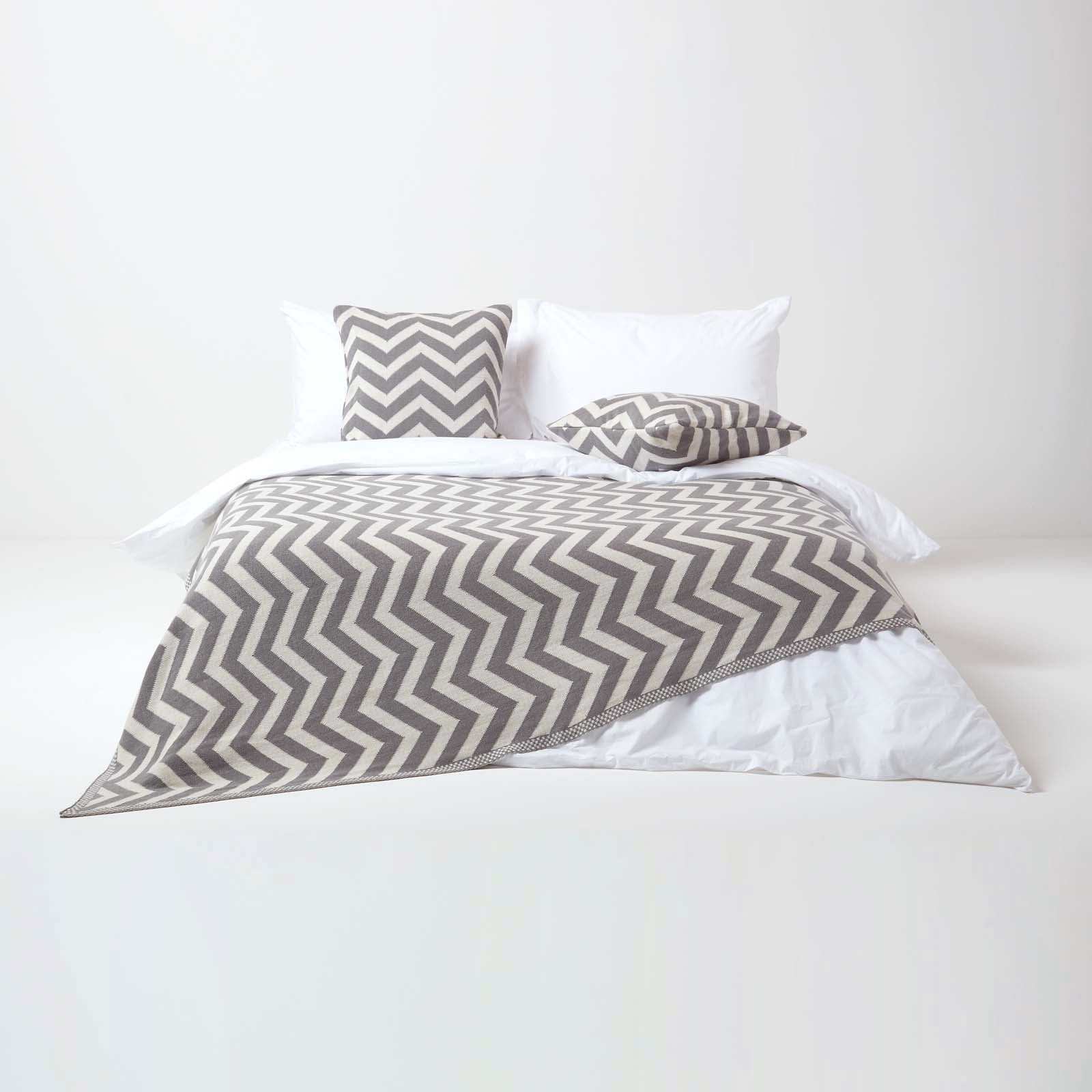 Chevron Herringbone Cotton Knitted Throw | 150cm x 200cm | Grey
