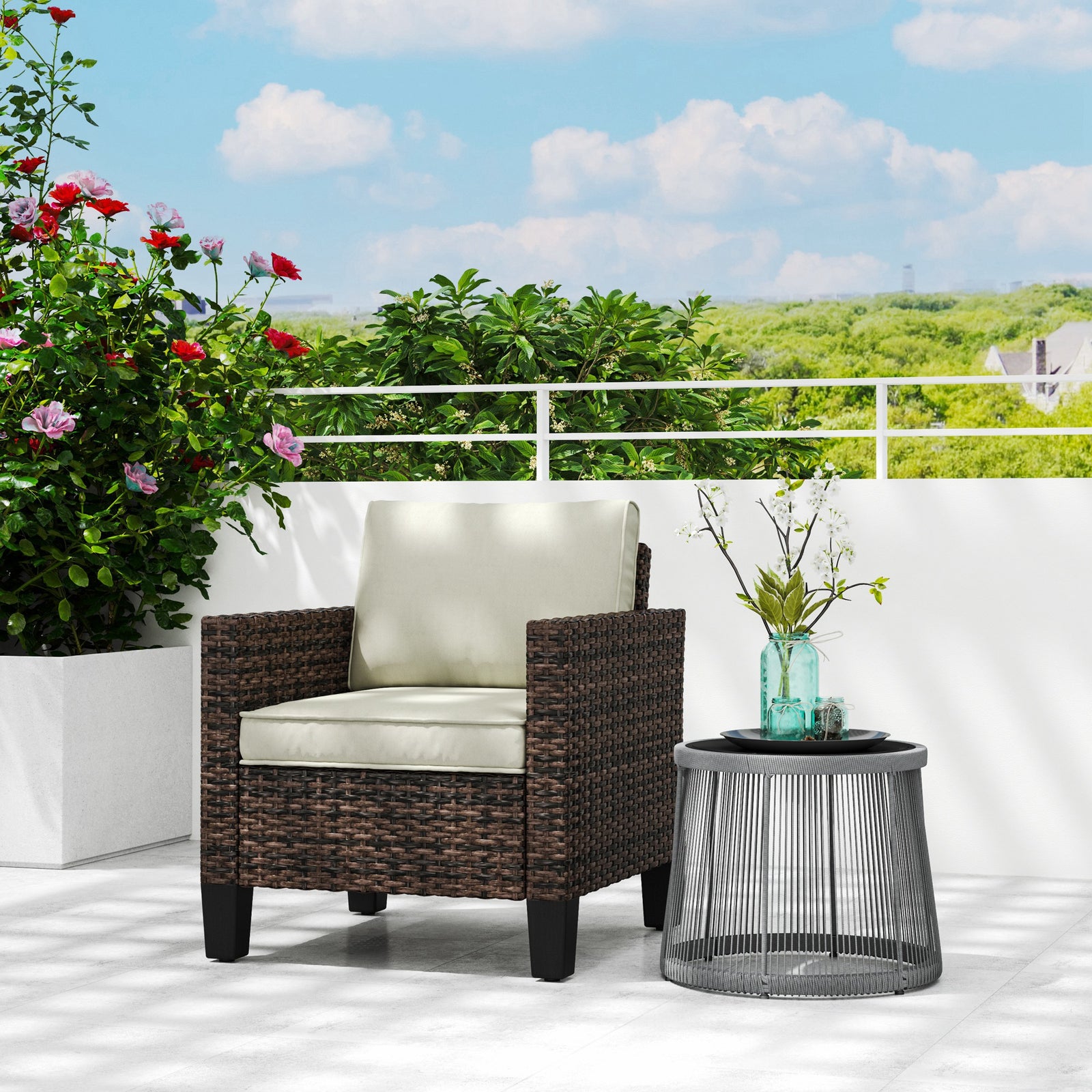 Single Rattan Chair, Garden Armchair W/ Cushions | Brown