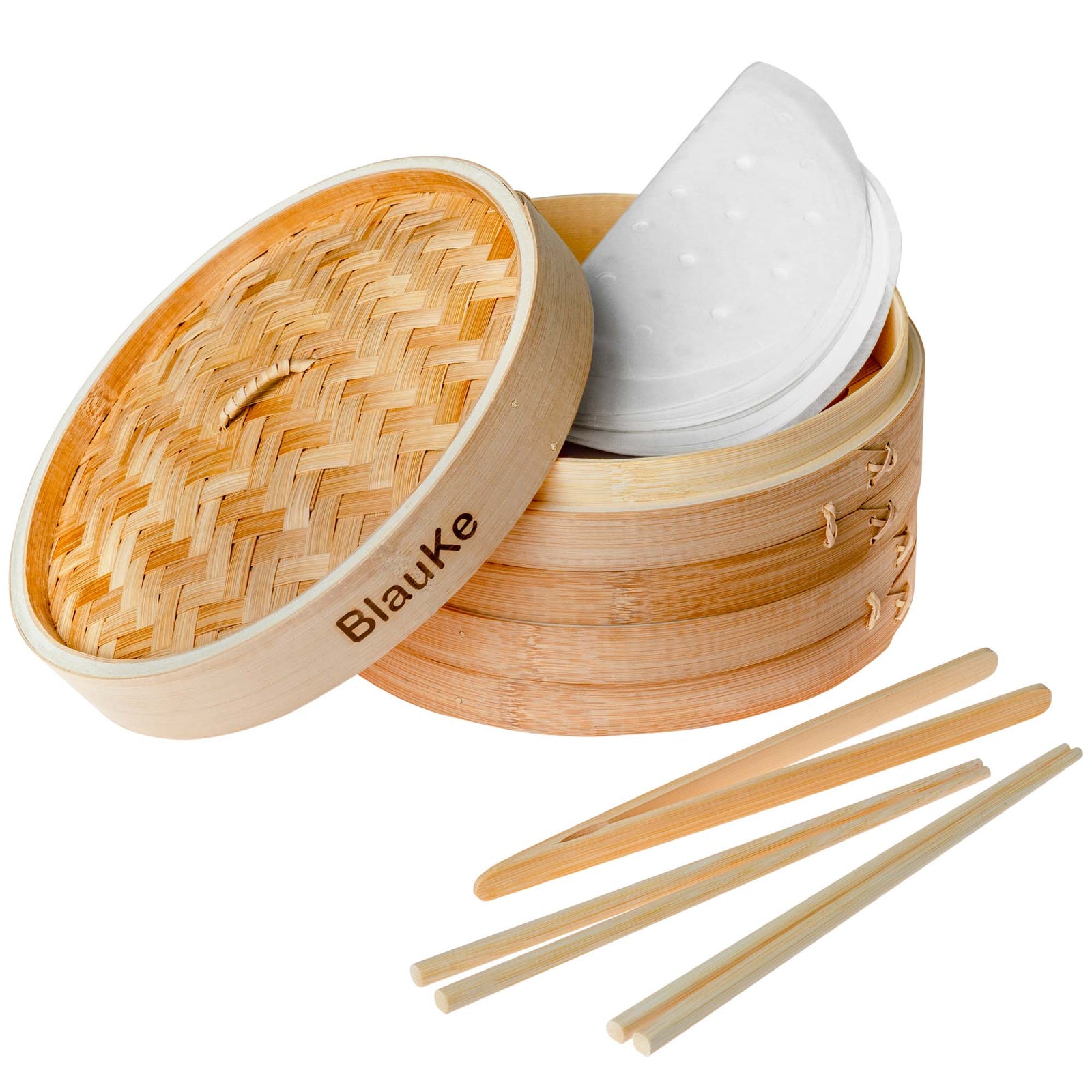 BlauKe Bamboo Steamer Basket 25cm With Chopsticks, Tongs, 50 Paper Liners - 2-tier Food Steamer For Cooking Dumplings Vegetables