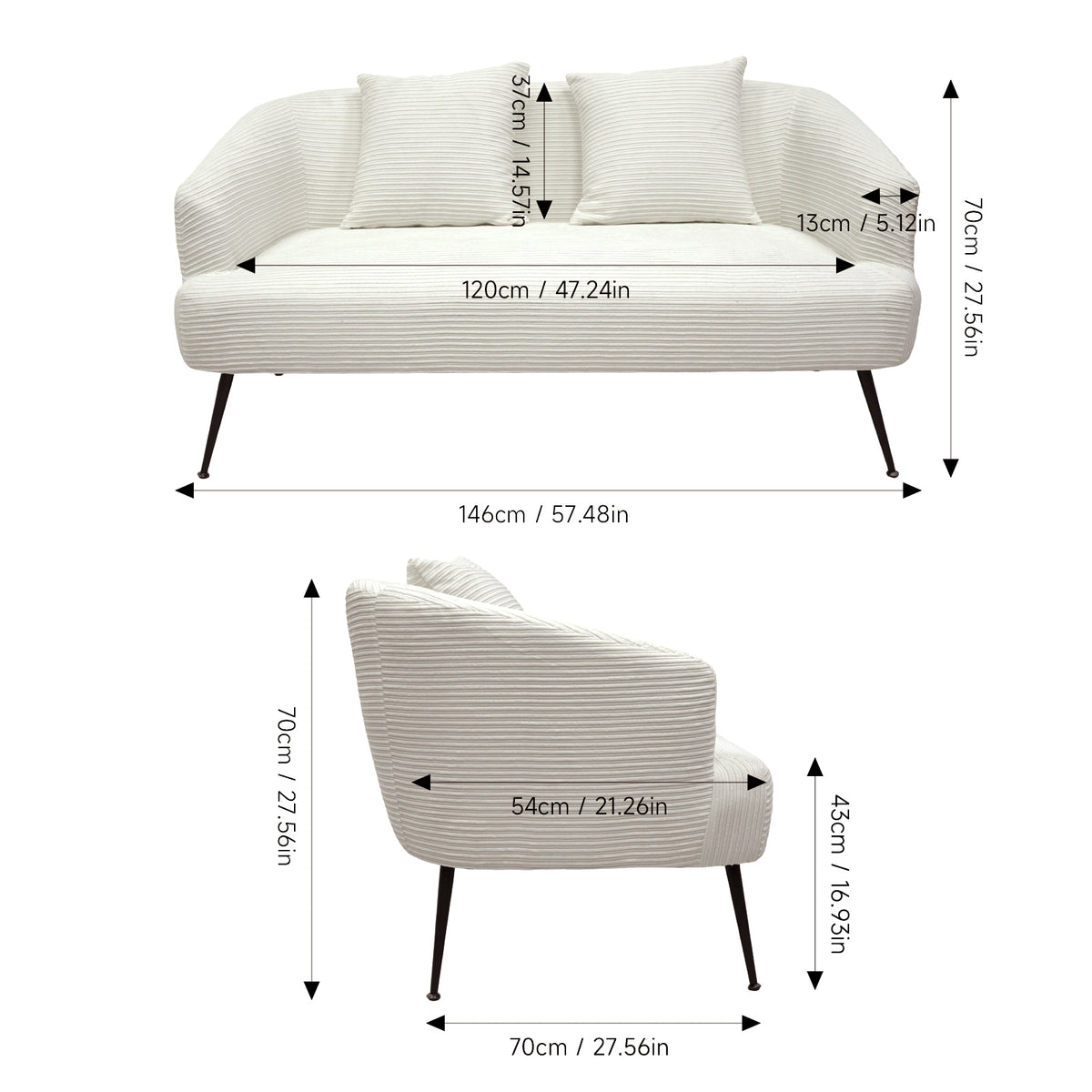 Breeins Modern Corduroy 2-seater Sofa With 2 Scatter Cushions