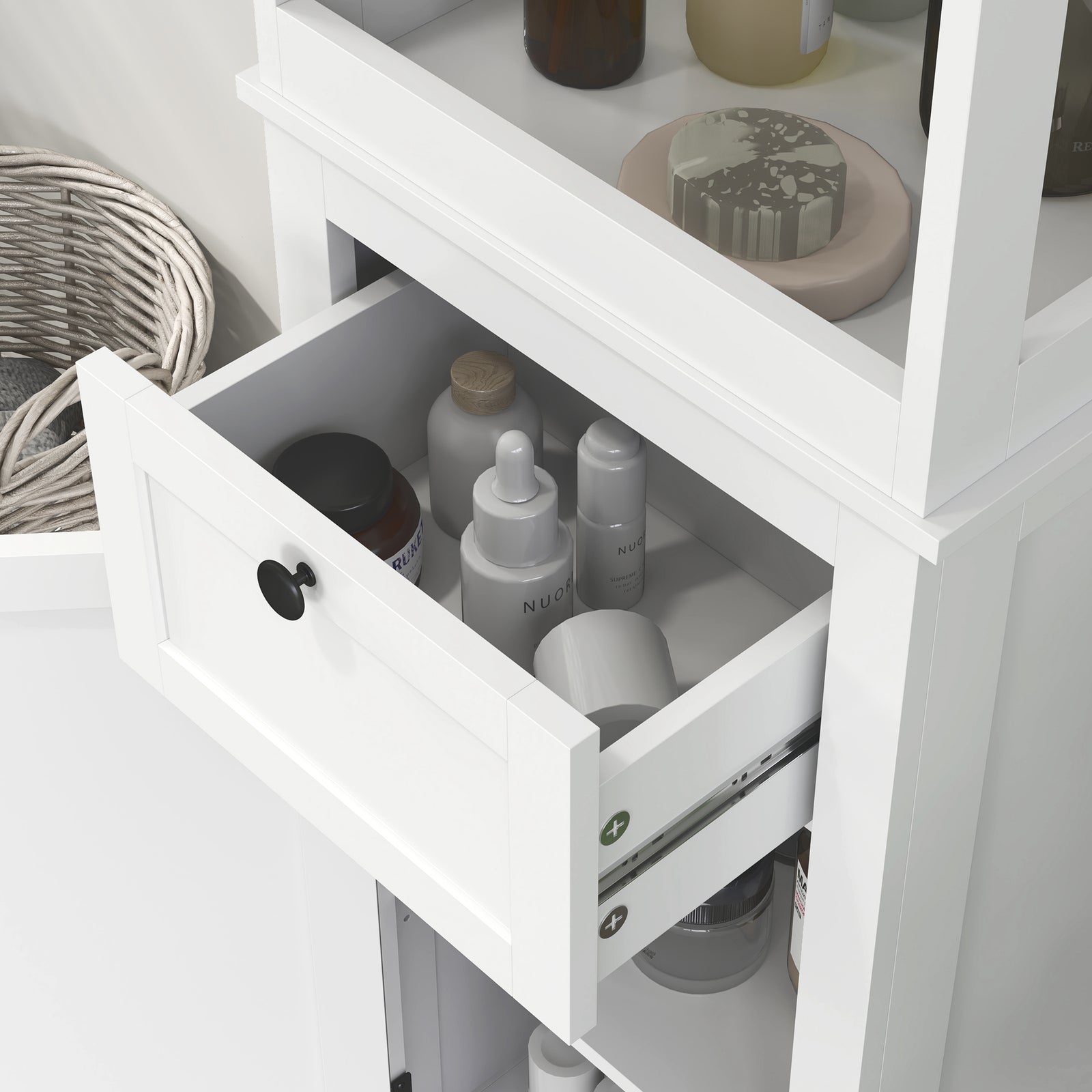 Slim Bathroom Storage Cabinet With Open Shelves And Drawer