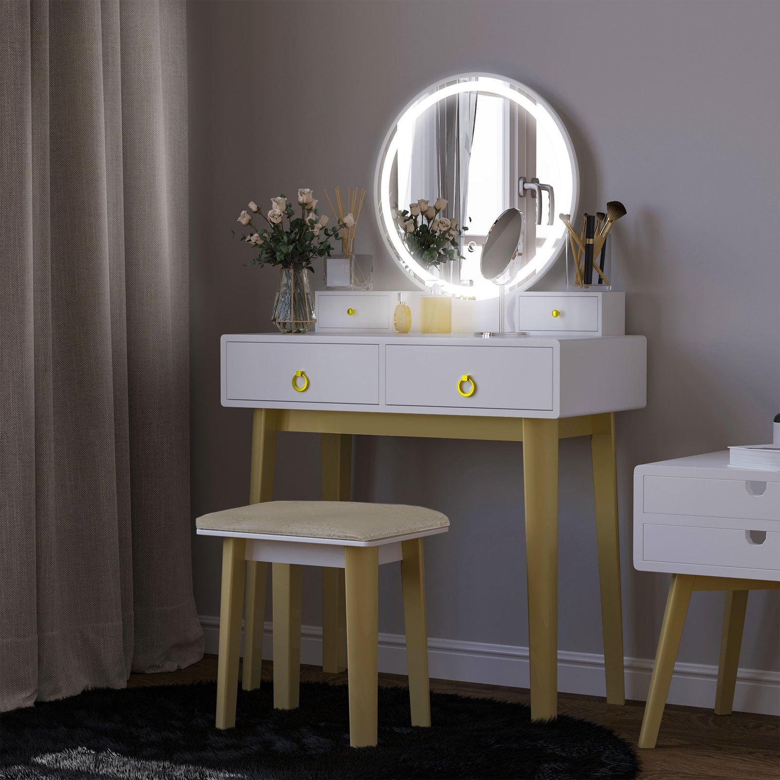 Dressing Table Set With Led Mirror Stool 4 Drawers