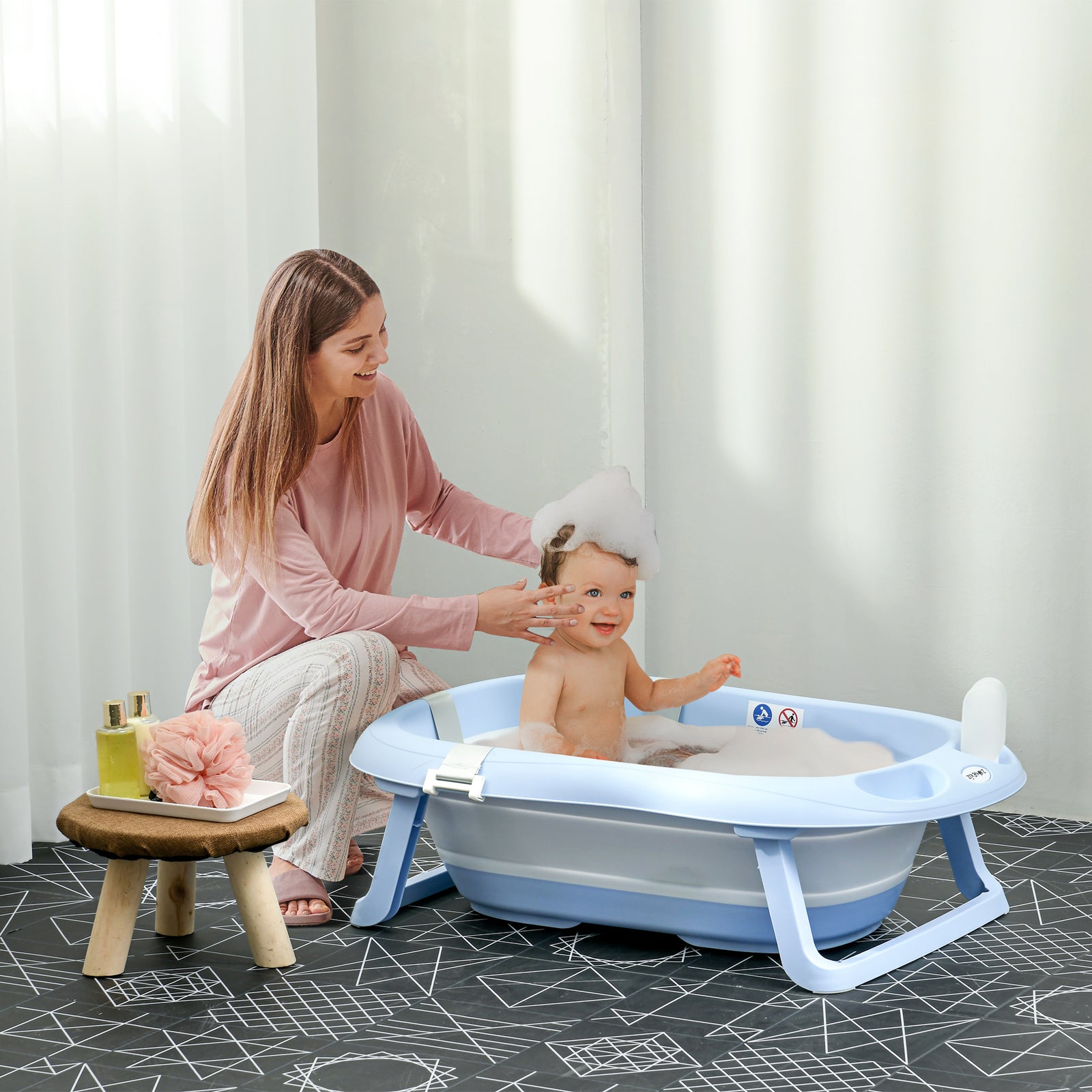 Foldable Baby Bathtub W/ Non-slip Support Legs, Cushion Pad | Blue