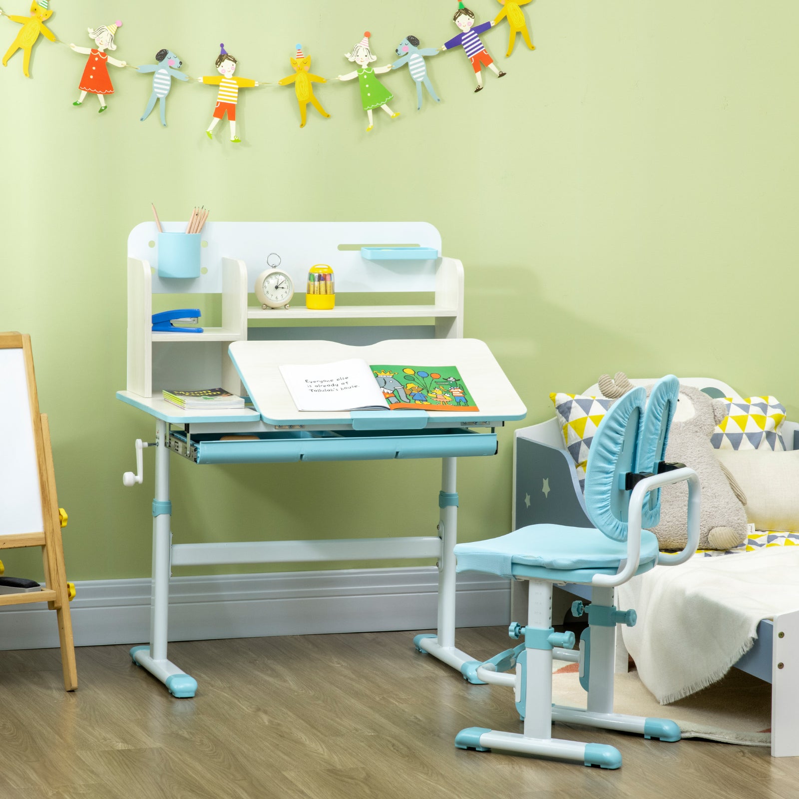 Kids Desk And Chair Set With Storage Shelves, Washable Cover | Blue