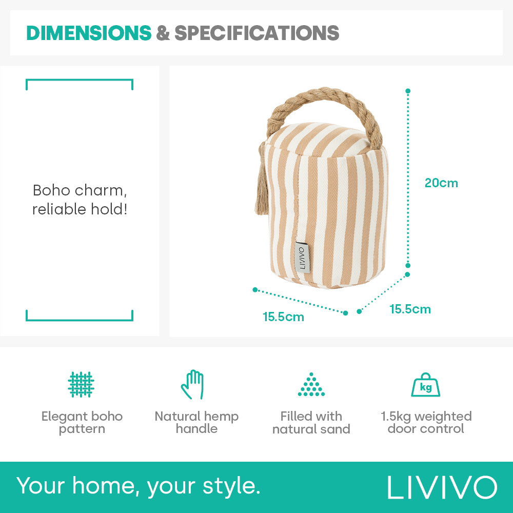 Livivo Weighted Door Stopper - Boho Chic Striped Design 1.5kg Sand-filled With Hemp Handle