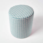HOMESCAPES Blue Gingham Check Round Pouffe Cotton 40 X 42 Cm