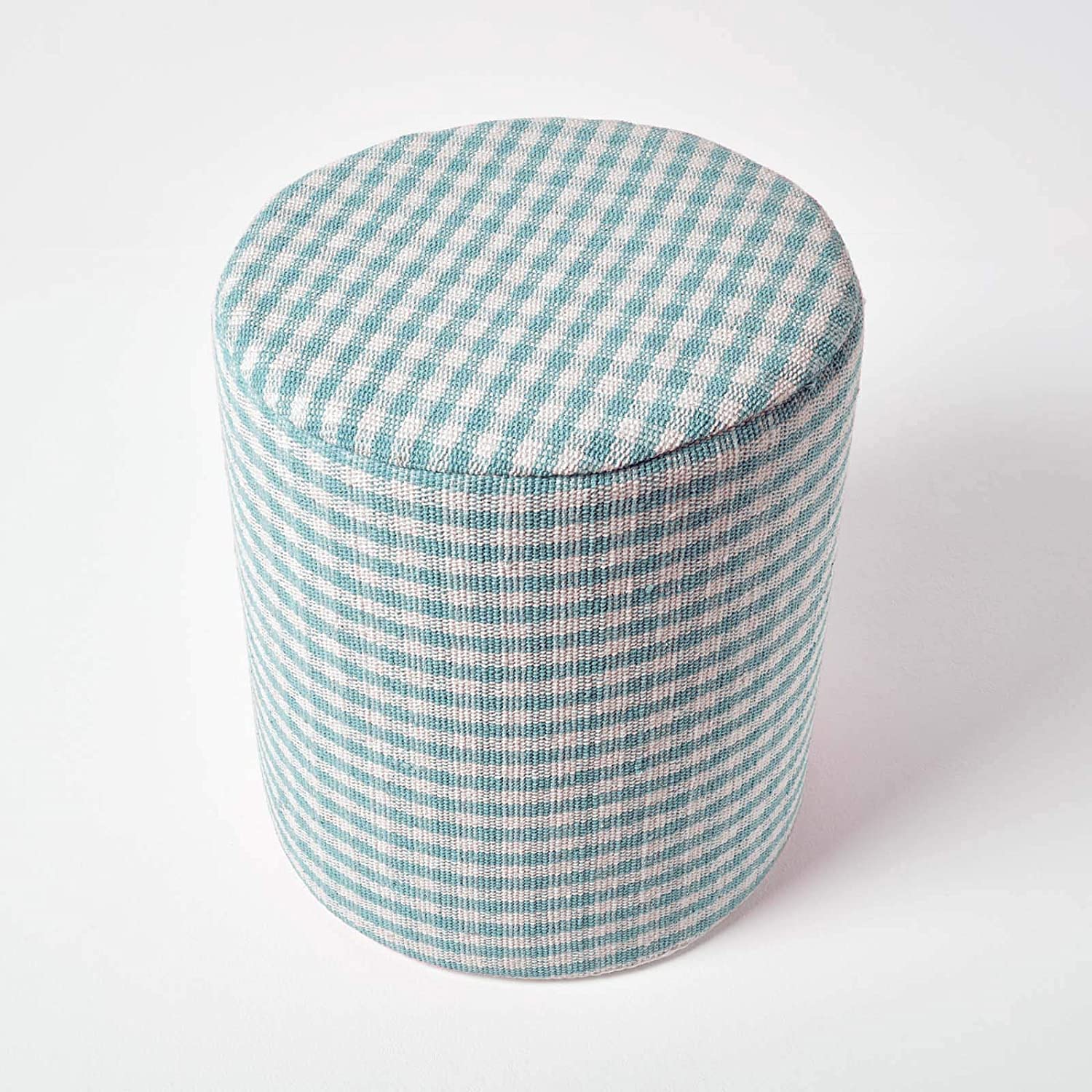 HOMESCAPES Blue Gingham Check Round Pouffe Cotton 40 X 42 Cm