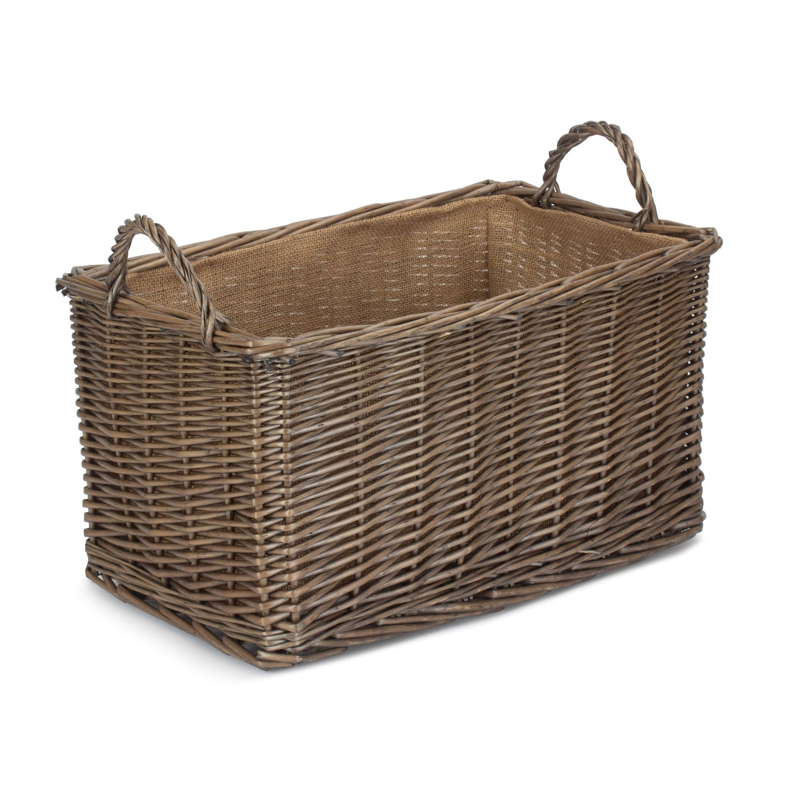 Wicker Antique Wash Rectangular Hessian Lined Basket | Small | Brown