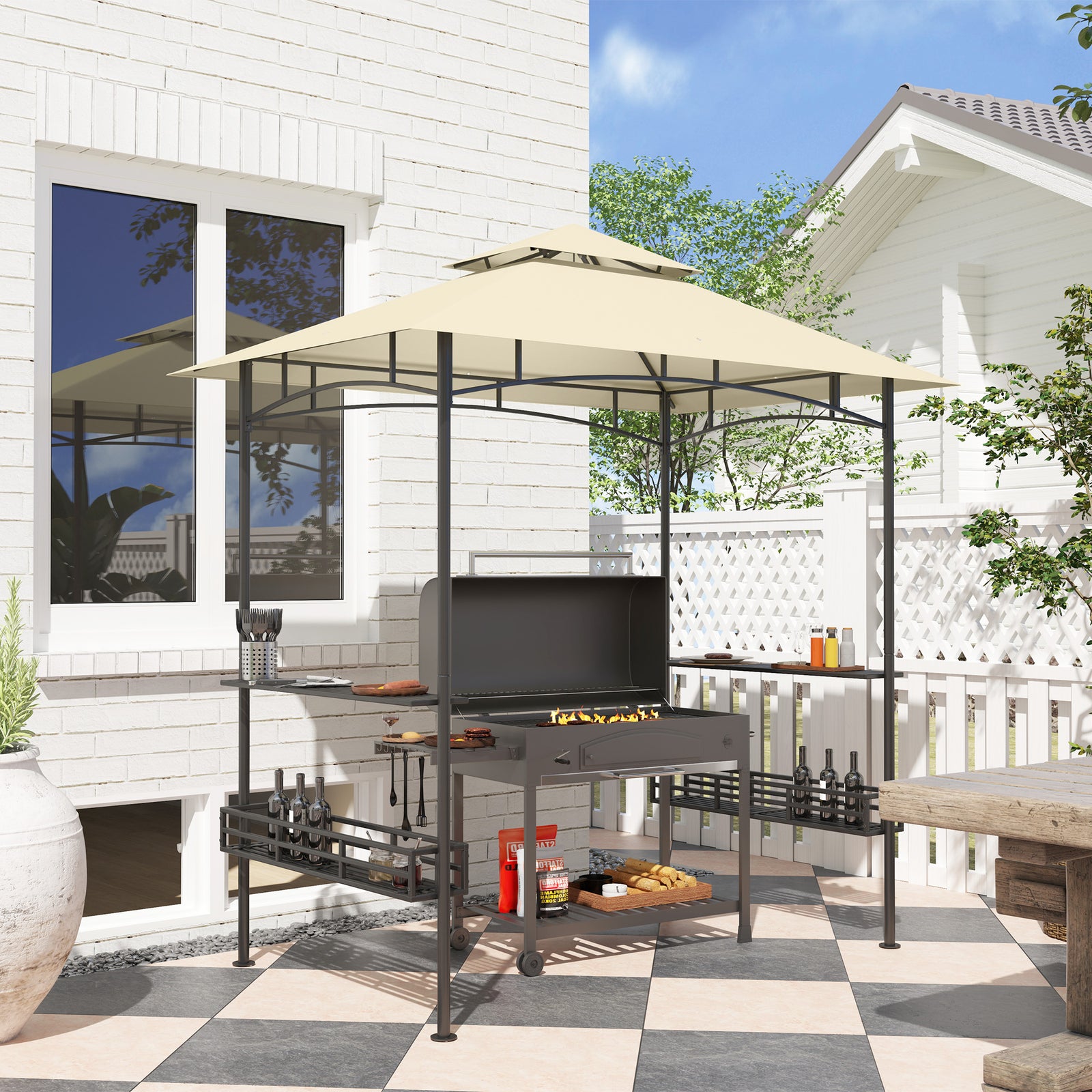 8' X 5' Grill Gazebo Canopy With 2 Side Shelves, Hook | Beige