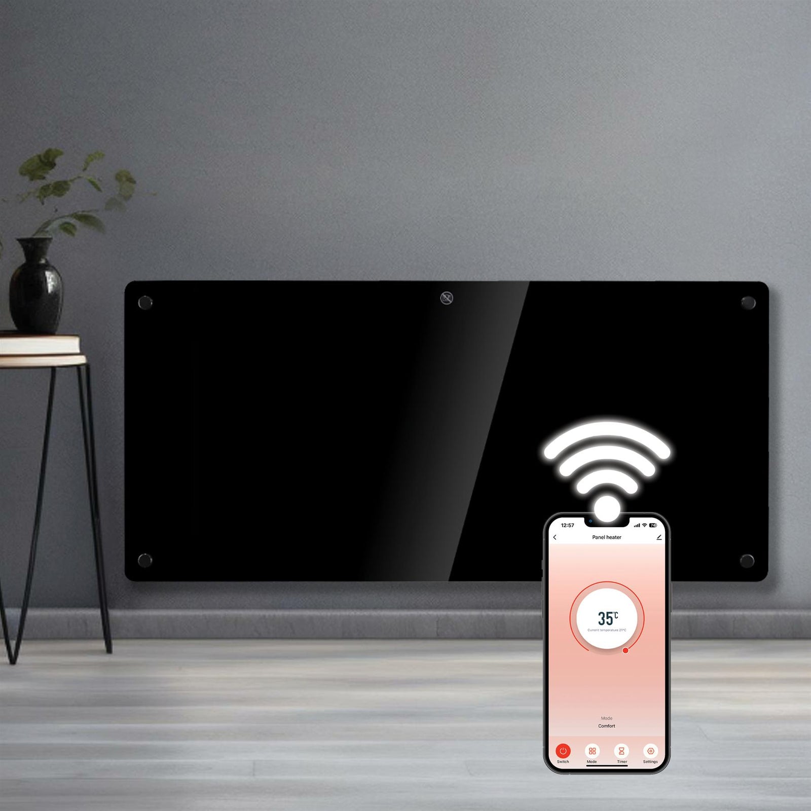 Electric Wifi Glass Radiator Panel Heater Black Wall Mounted Or Floor Standing Bathroom Safe, Timer And Thermostat | 2000w | Black