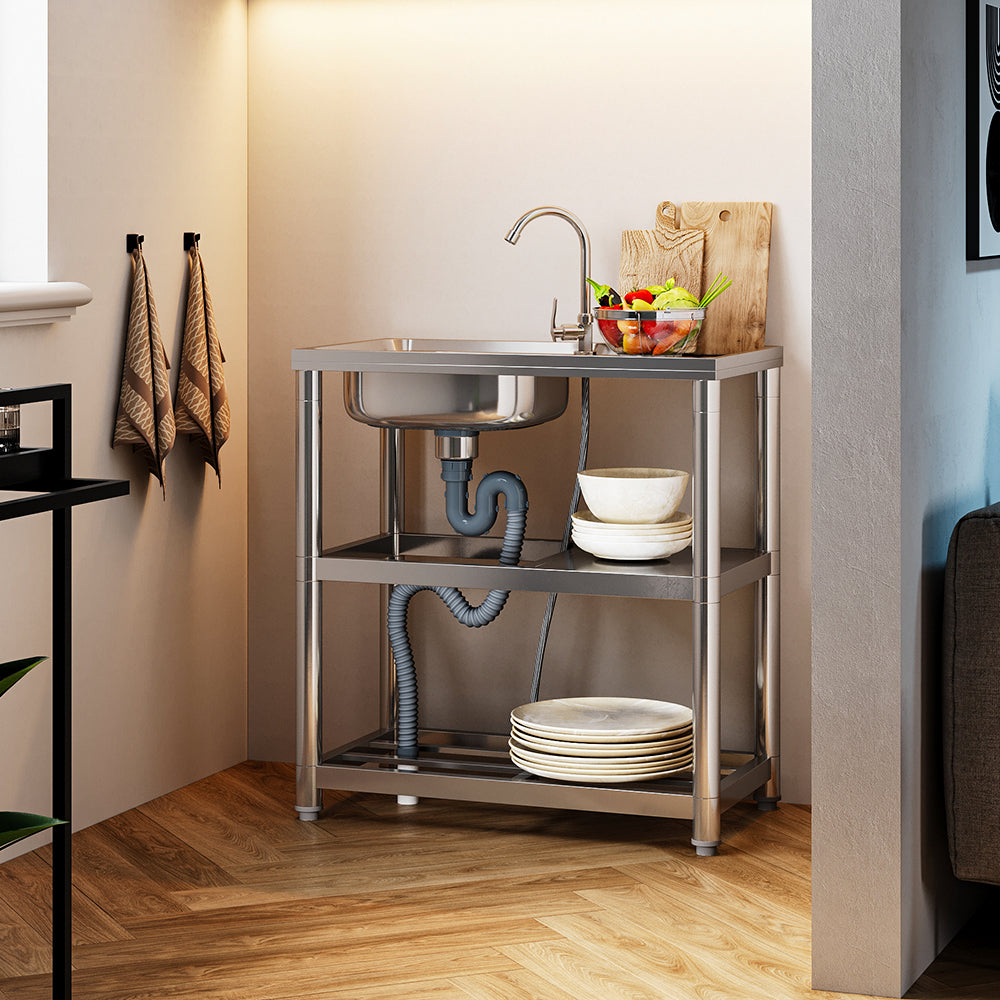 75cm W X 40cm D X 80cm H Bathroomdeco Stainless Steel One Compartment Sink With Shelves And Drainboard