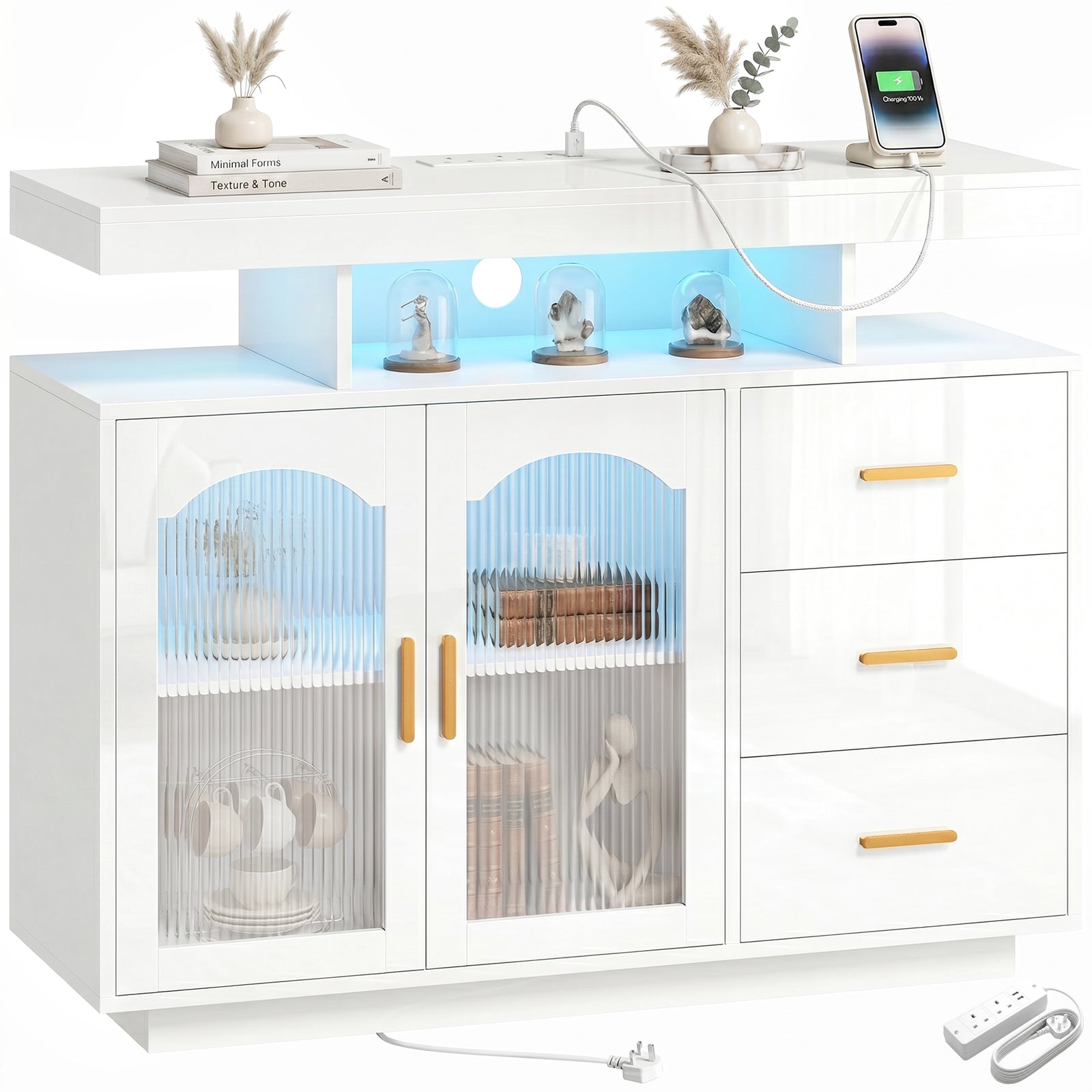 High Gloss Sideboard With Led Lights, Power Outlets, Drawers | White