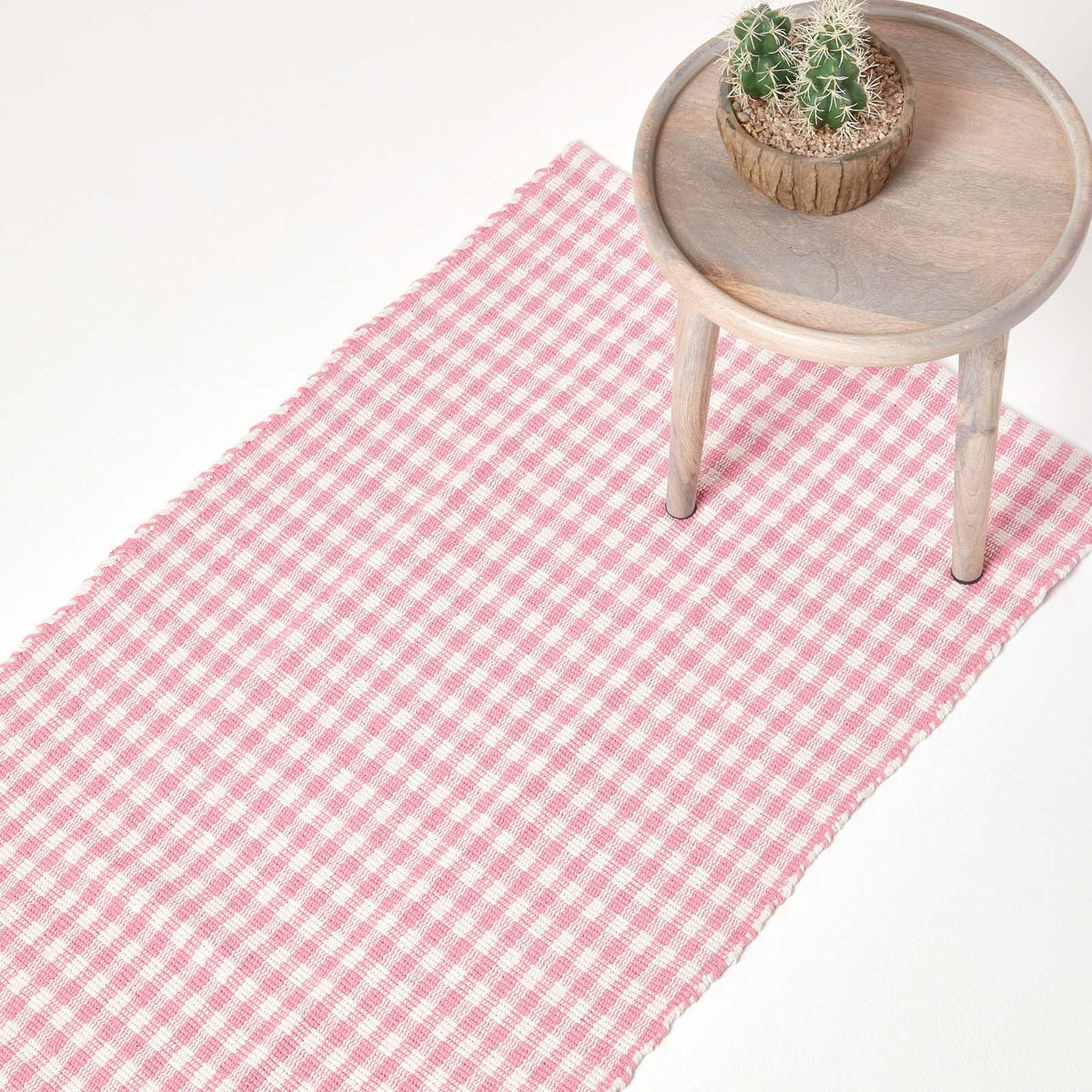 Cotton Gingham Check Rug Hand Woven | 200cm | Pink