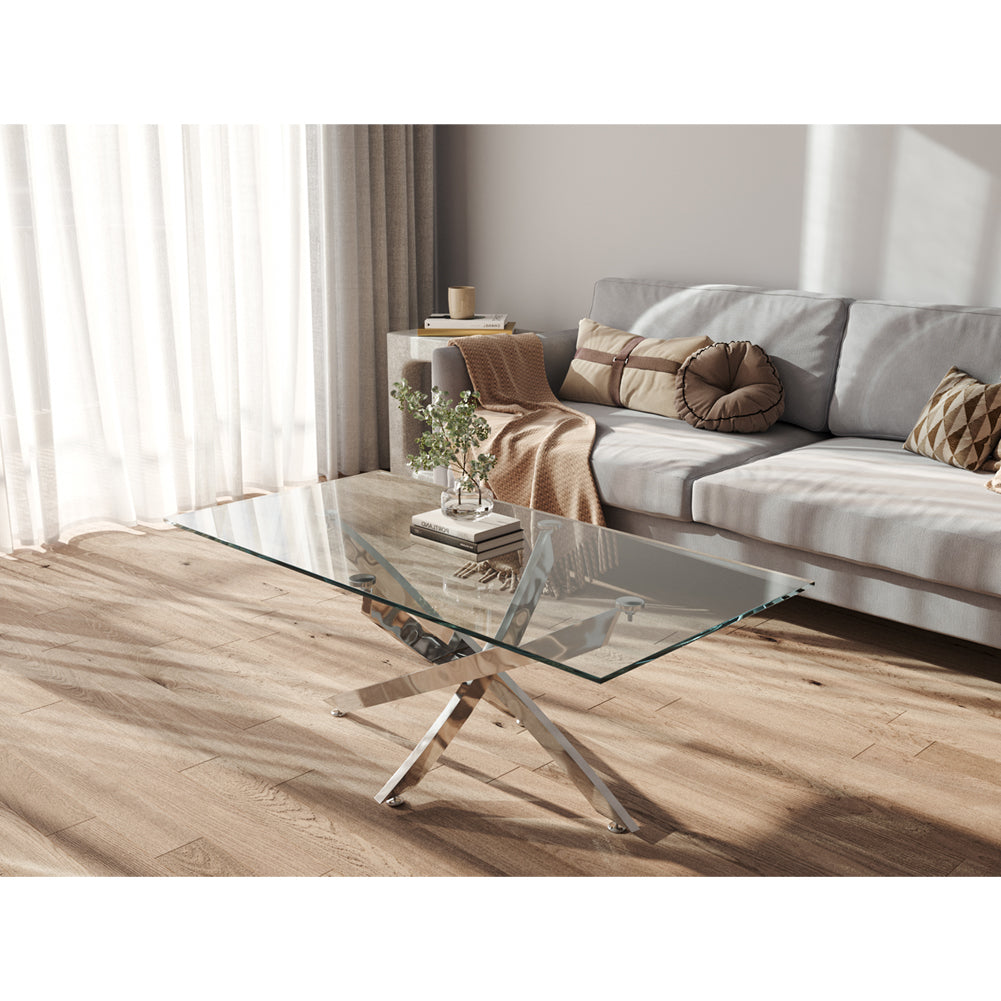 Rectangular Tempered Glass Dining Table With Chrome Cross Legs | Medium