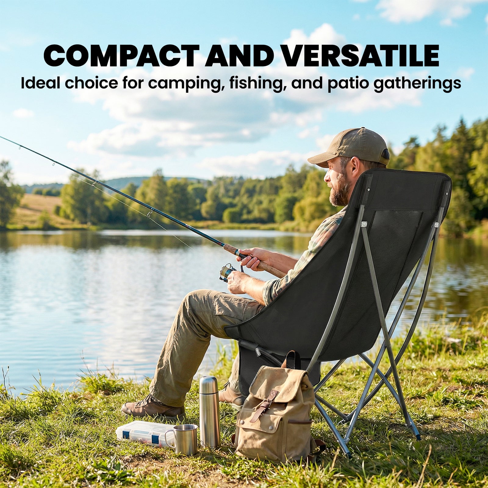 Camping Chair Portable With Side Pocket | Black