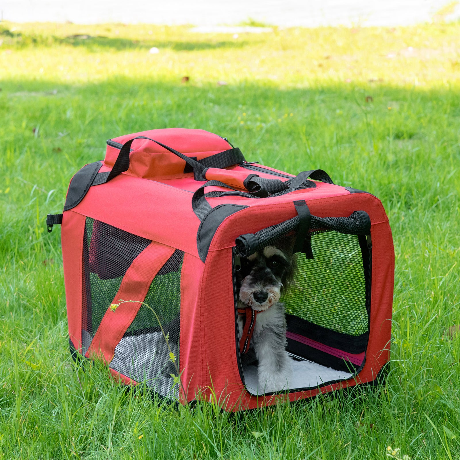 60cm Foldable Pet Carrier, Soft Side Pet Travel Crate W/ Mat, Red