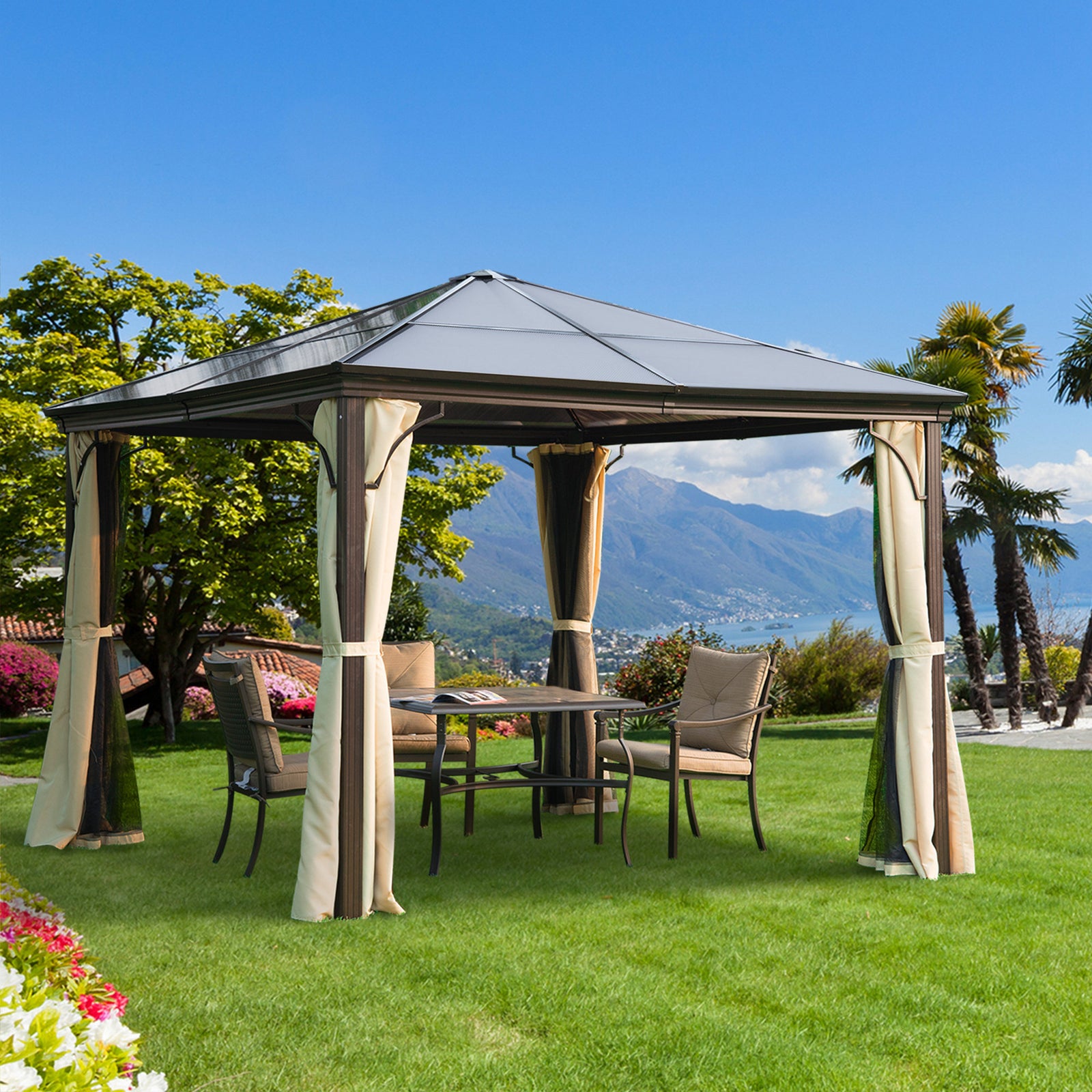 Hardtop Gazebo Canopy With Mosquito Netting And Curtains | Medium | Beige
