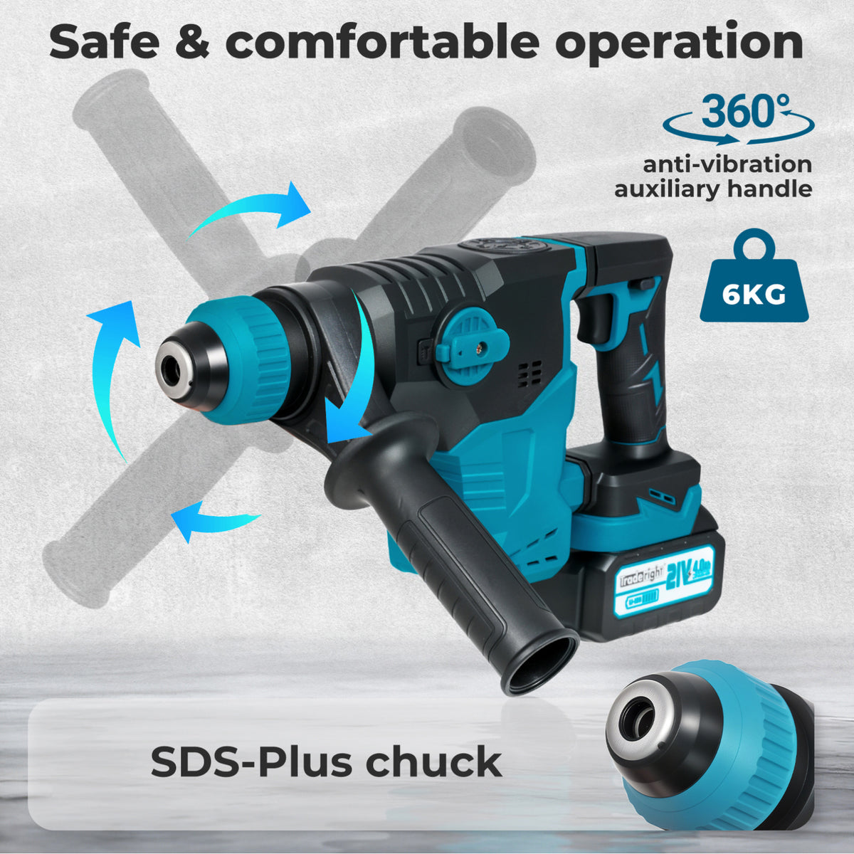 21v Cordless Rotary Hammer Drill Sds Plus Concrete Impact Drill Tool | Blue