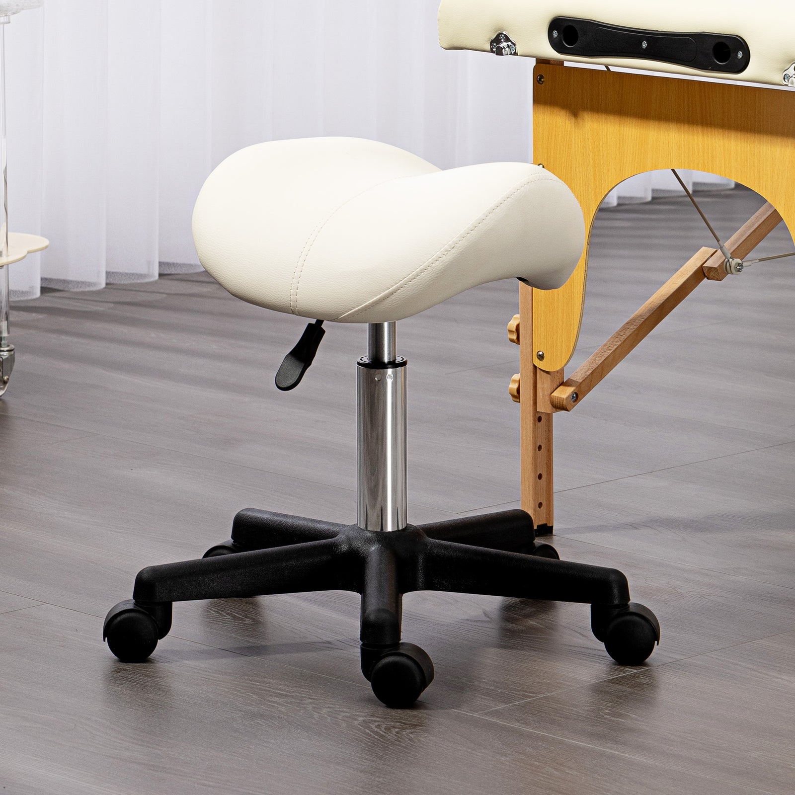 Saddle Stool Adjustable Rolling Salon Chair For Massage Spa | One Size | White