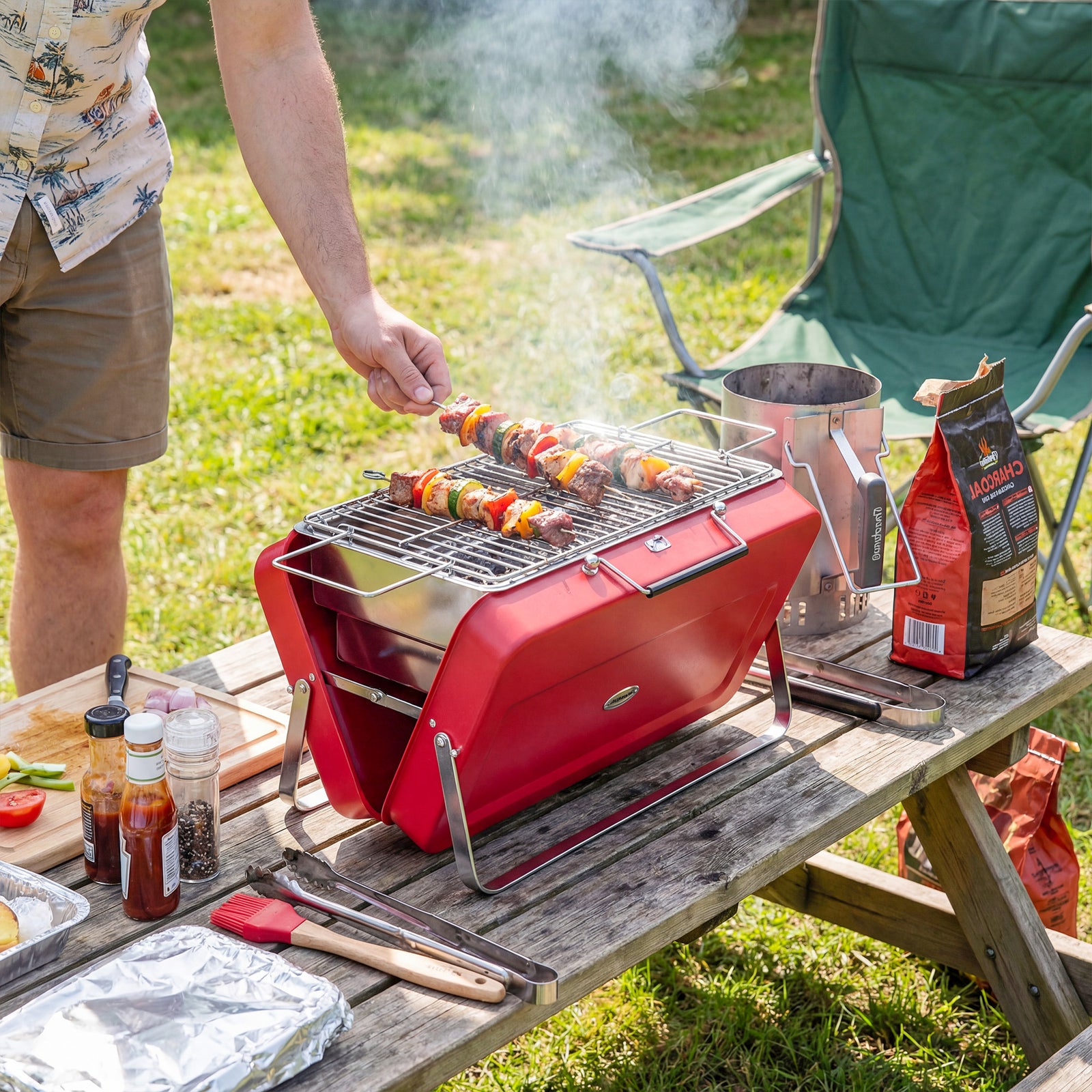 Portable Mini Charcoal Barbecue Grill With Suitcase Shell, Red