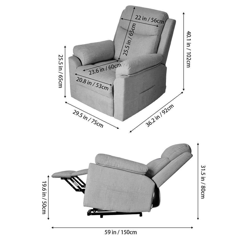 Ergonomic Chenille Single Sofa – Recline Up To 135°, Footrest, Side Pockets, Wood & Iron Frame | Grey