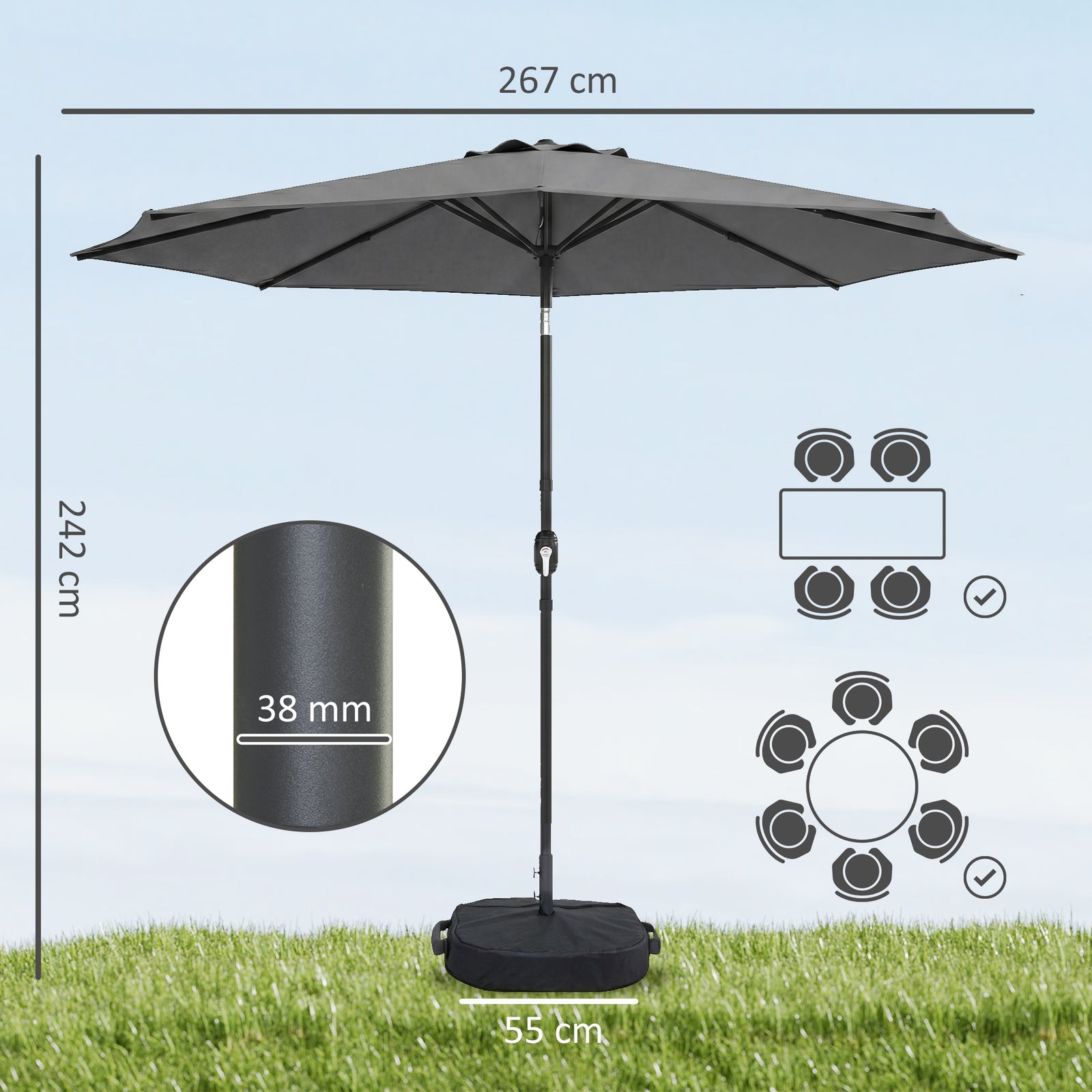 2.7 M Garden Parasol Umbrella With Cross Base, Sandbag | Light Grey