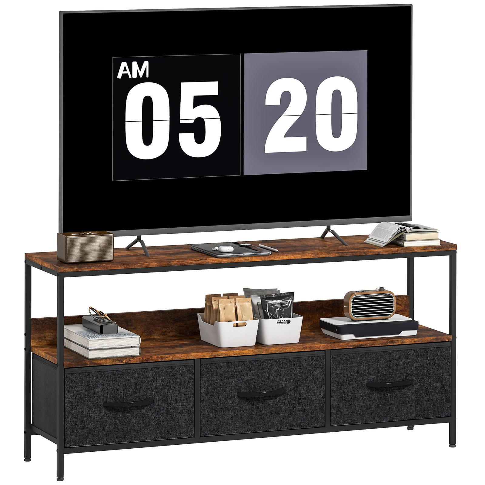 Tv Cabinet, Tv Console Unit With 3 Foldable Linen Drawers | Brown