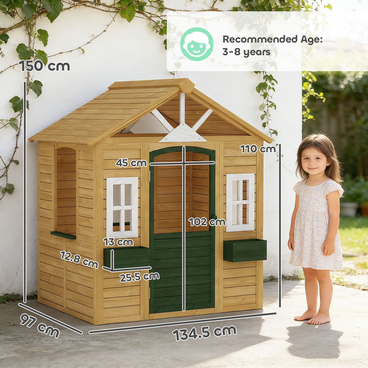 AIYAPLAY Outdoor Playhouse, Wooden Wendy House With Door, 2 Flower Boxes